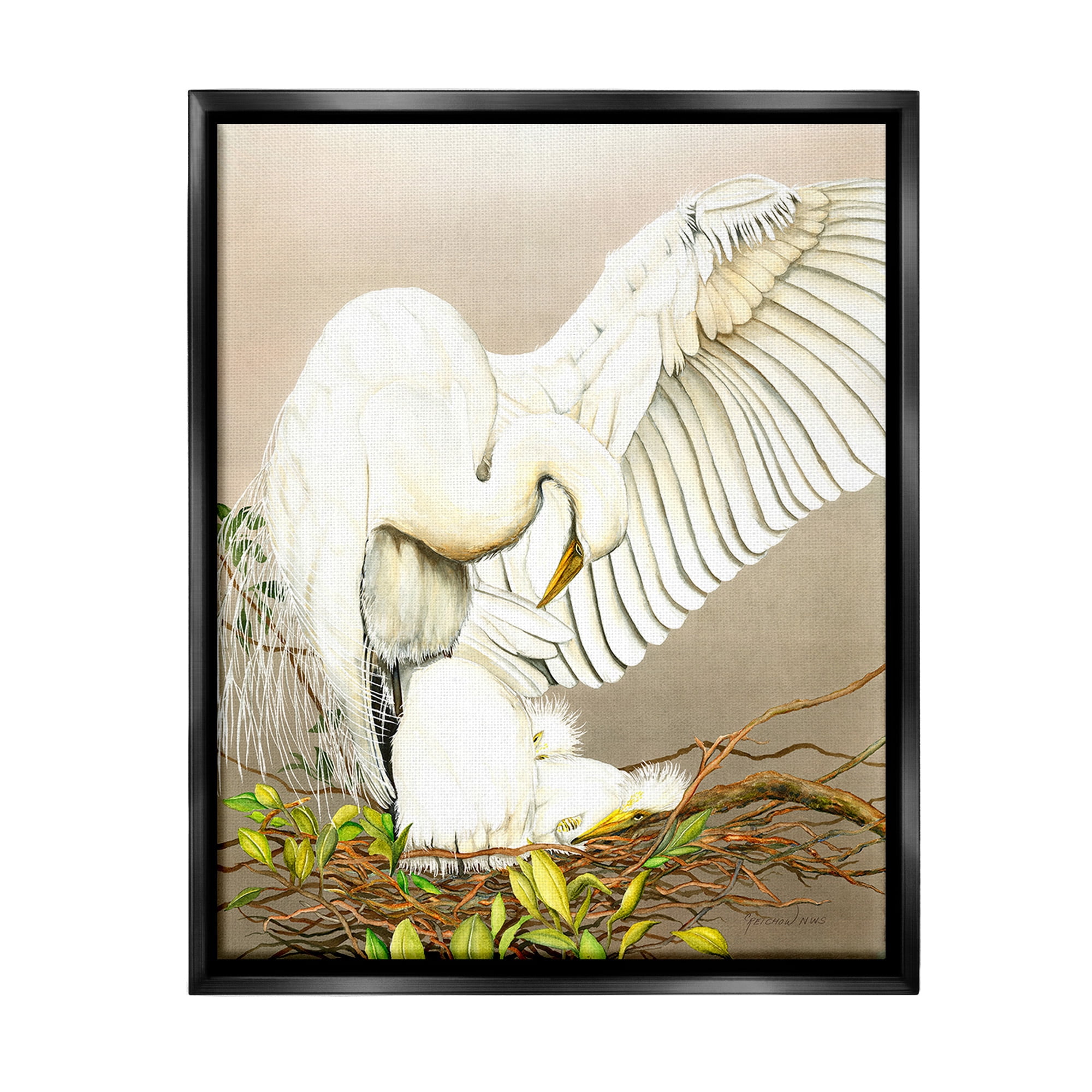 Stupell Industries White Bird & Nest Animals & Insects Painting Black Floater Framed Canvas Art Print Wall Art, 17 x 21