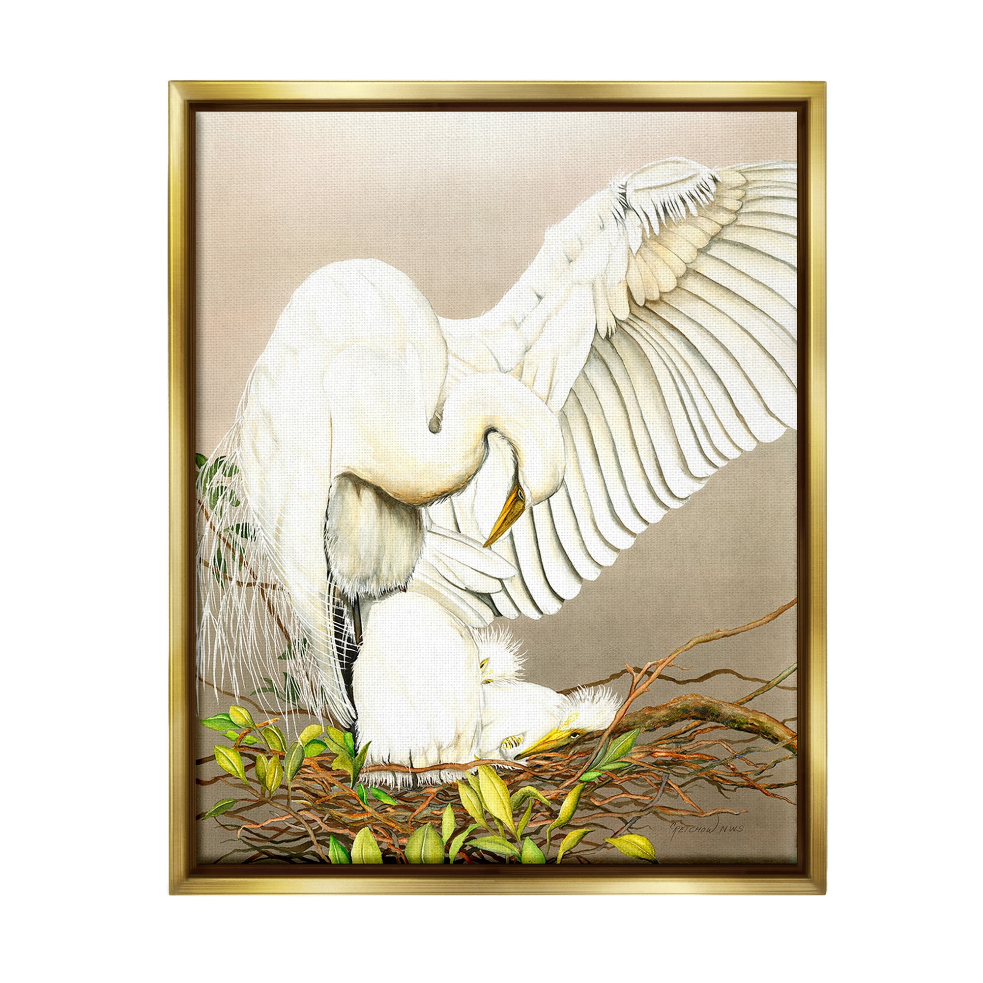 Stupell Industries White Bird & Nest Animals & Insects Painting Gold Floater Framed Canvas Art Print Wall Art, 25 x 31