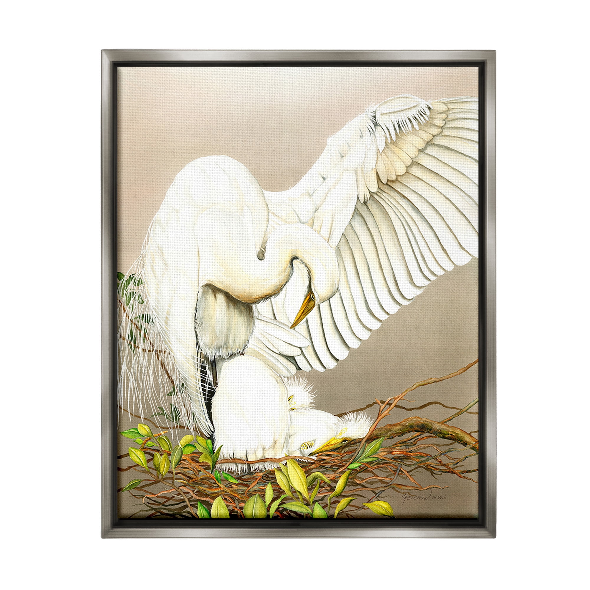 Stupell Industries White Bird & Nest Animals & Insects Painting Gray Floater Framed Canvas Art Print Wall Art, 25 x 31