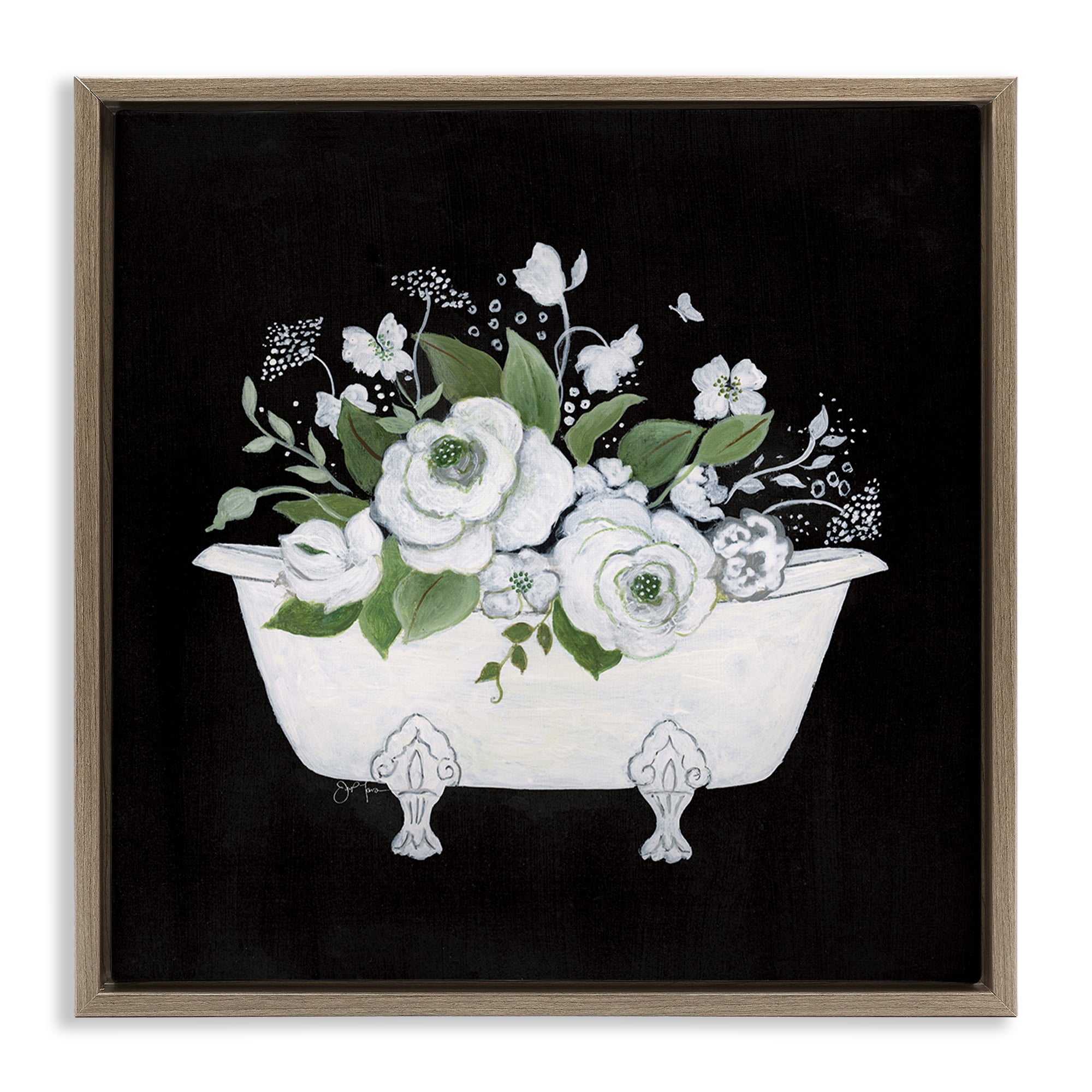 Stupell Industries White & Black Bath Typography Painting Brown Floater Framed Canvas Art Print Wall Art, 25 x 25