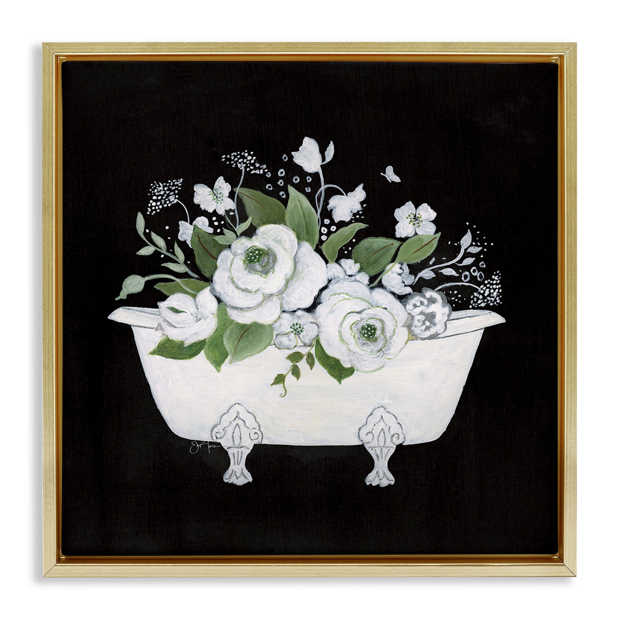 Stupell Industries White & Black Bath Typography Painting Gold Floater Framed Canvas Art Print Wall Art, 25 x 25