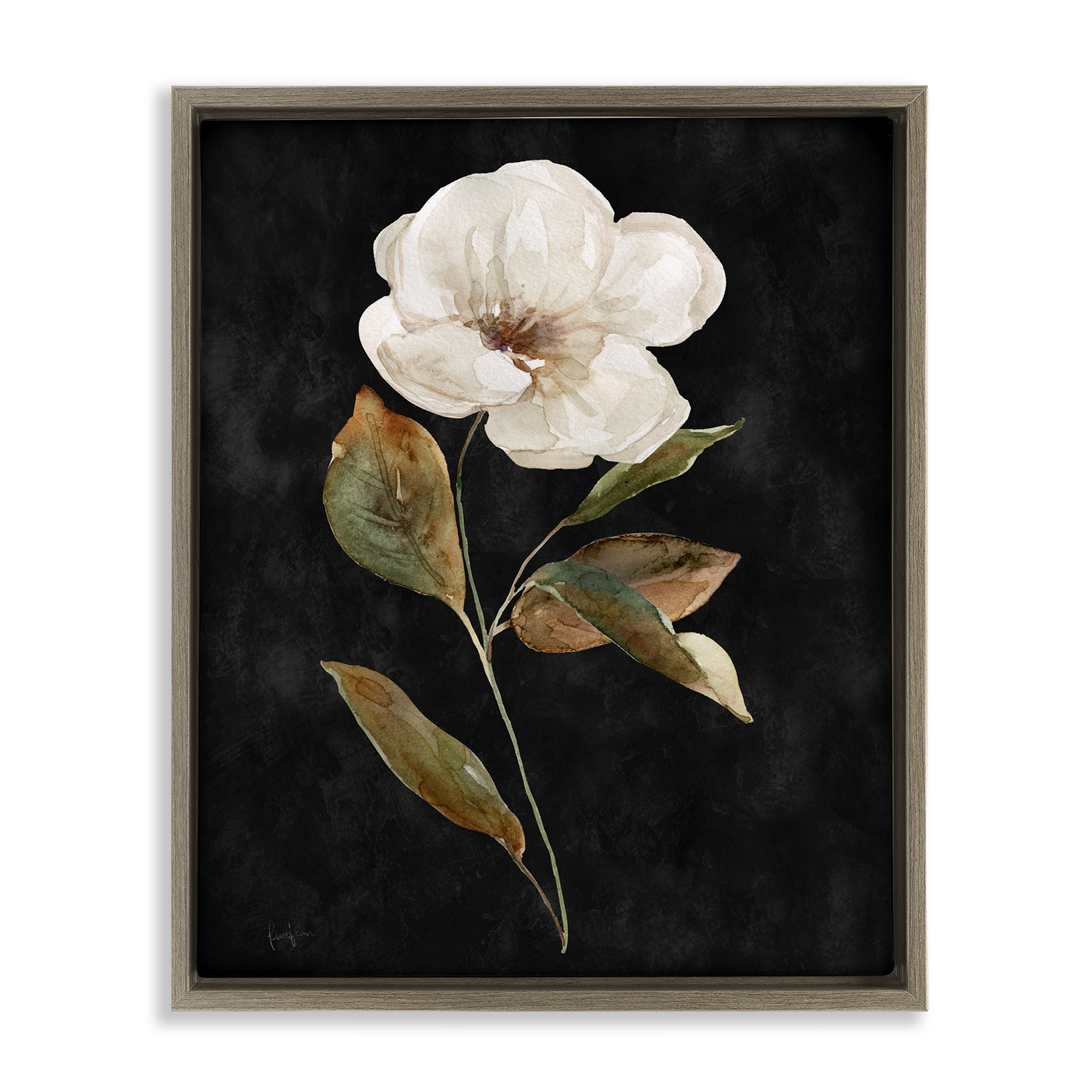 Stupell Industries White Bloom on Black Plants & Flowers Painting Brown Floater Framed Canvas Art Print Wall Art, 17 x 21