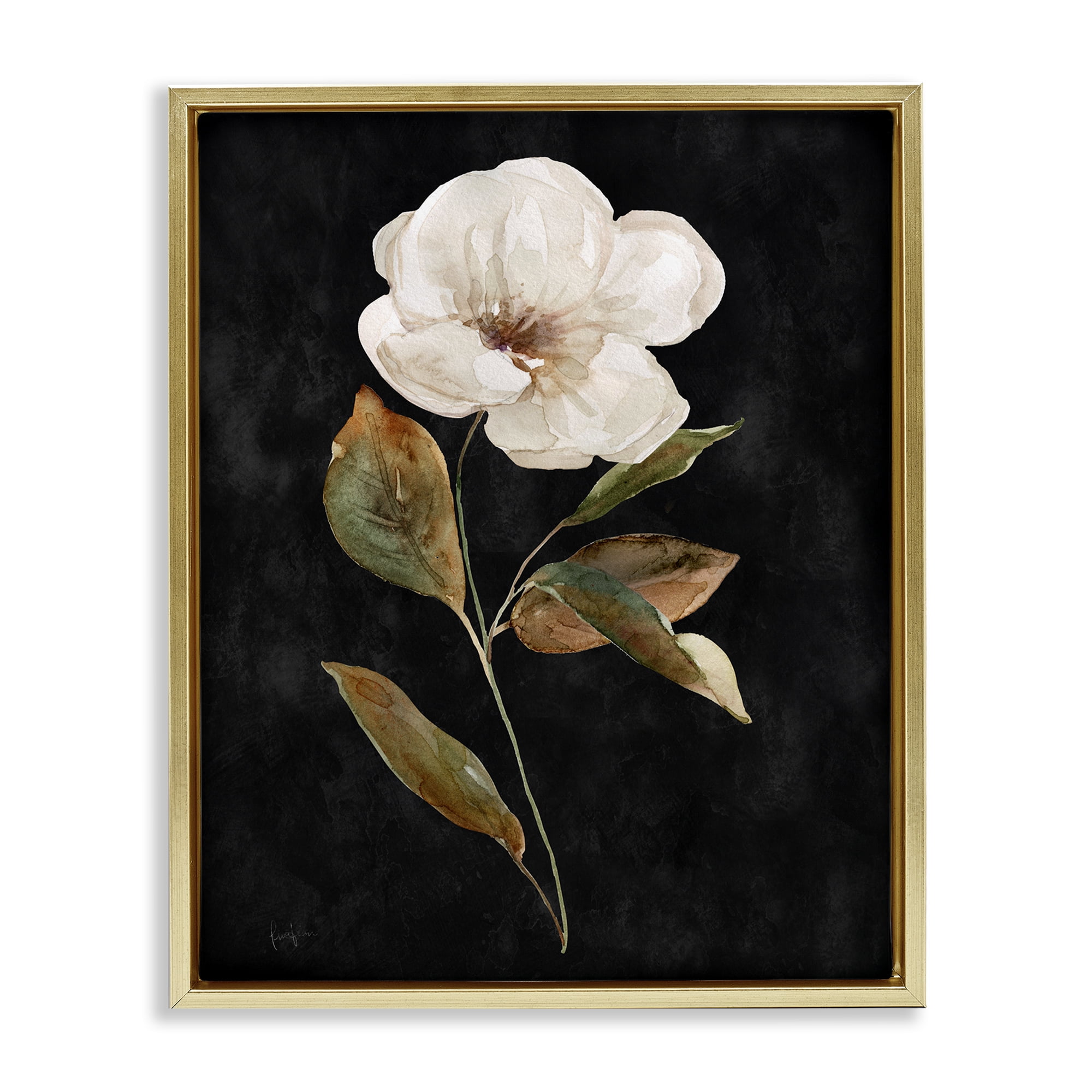Stupell Industries White Bloom on Black Plants & Flowers Painting Gold Floater Framed Canvas Art Print Wall Art, 17 x 21