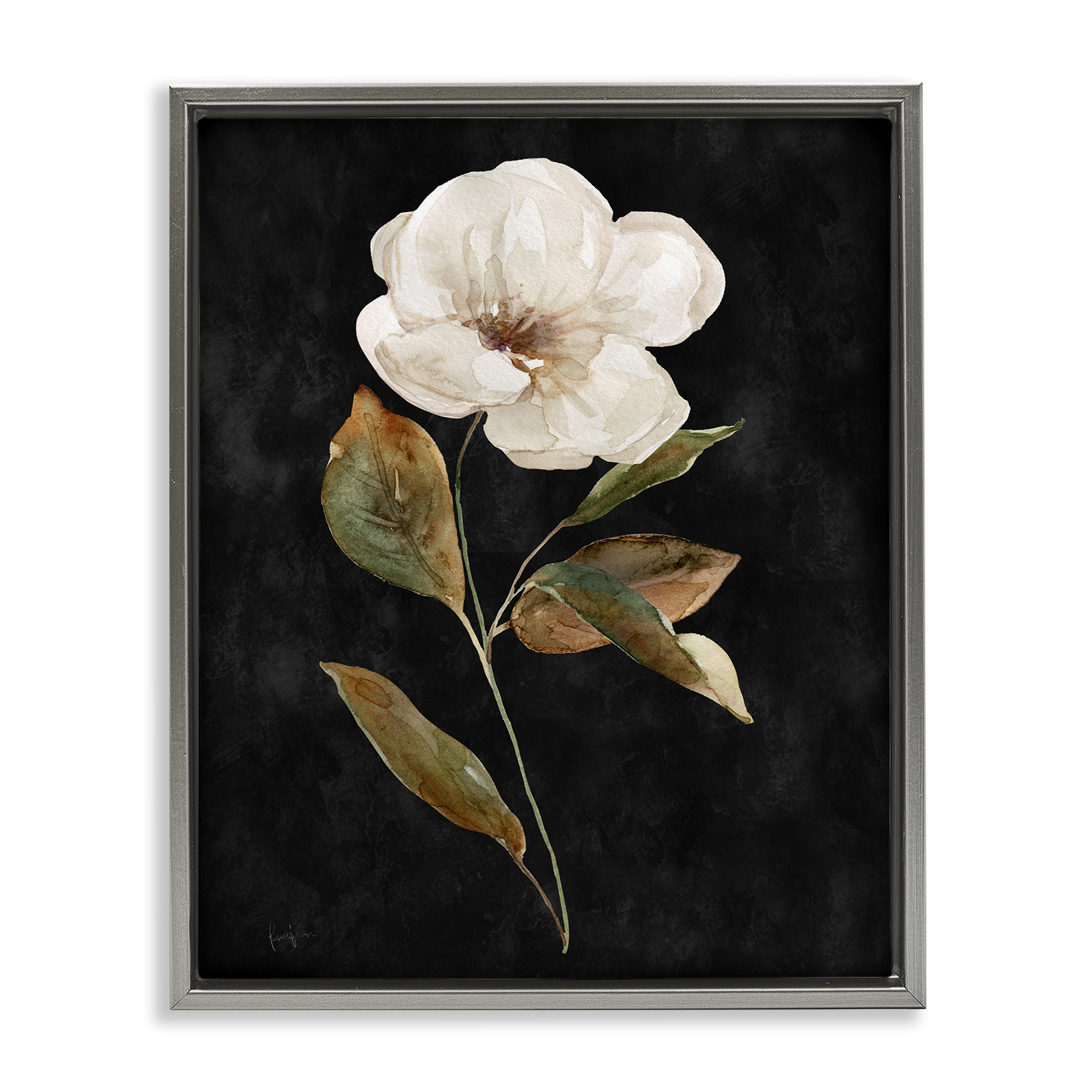 Stupell Industries White Bloom on Black Plants & Flowers Painting Gray Floater Framed Canvas Art Print Wall Art, 17 x 21