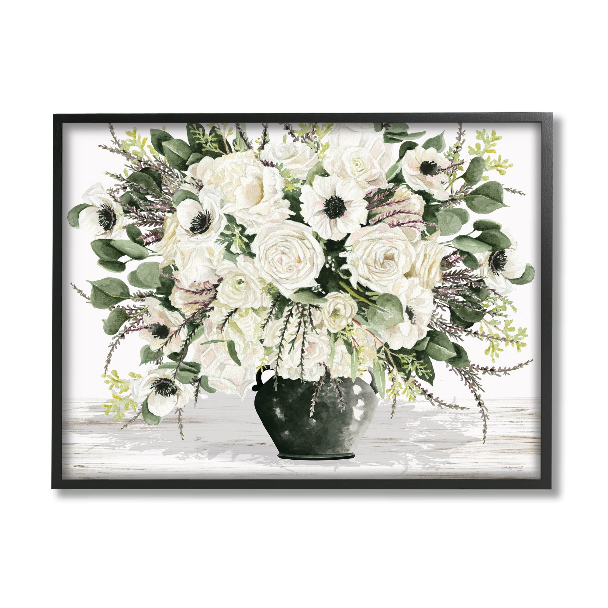 Stupell Industries White Blooming Blossoms Botanical & Floral Painting Black Framed Art Print Wall Art, 30 x 24