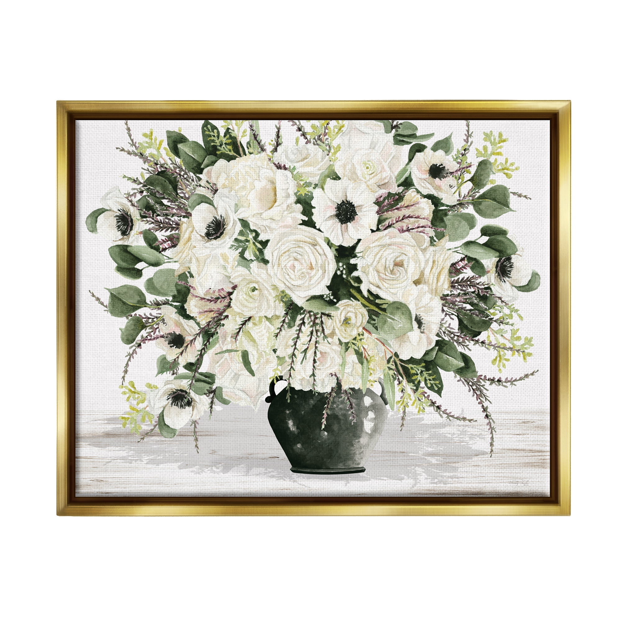Stupell Industries White Blooming Blossoms Botanical & Floral Painting Gold Floater Framed Canvas Art Print Wall Art, 31 x 25