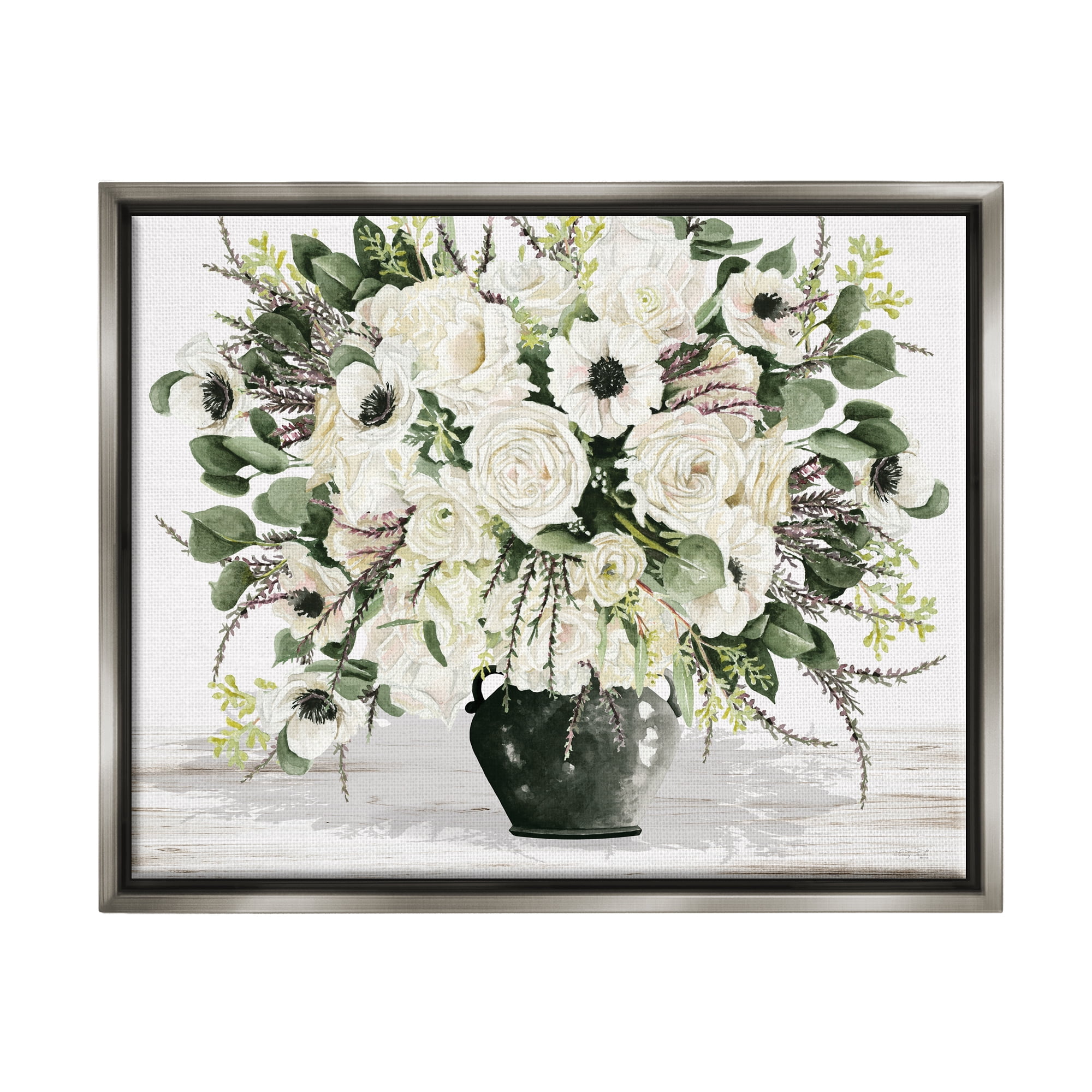 Stupell Industries White Blooming Blossoms Botanical & Floral Painting Gray Floater Framed Canvas Art Print Wall Art, 31 x 25
