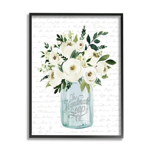 Stupell Industries White Blooms Flower Bouquet Classic Jar Script Graphic Art Black Framed Art Print Wall Art, Design by Lettered and Lined