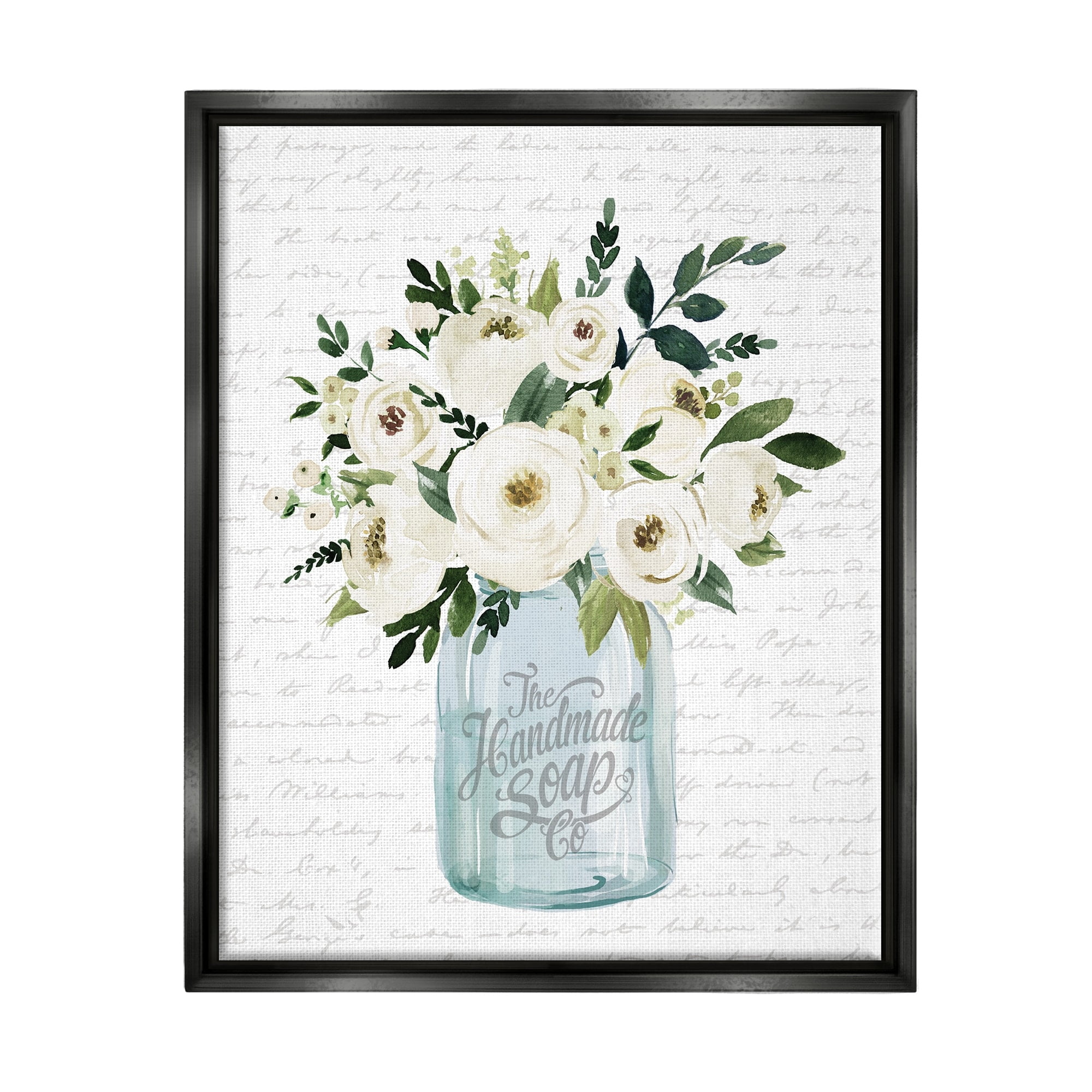 Stupell Industries White Blooms Flower Bouquet Classic Jar Script Graphic Art Jet Black Floating Framed Canvas Print Wall Art, Design by Lettered and Lined