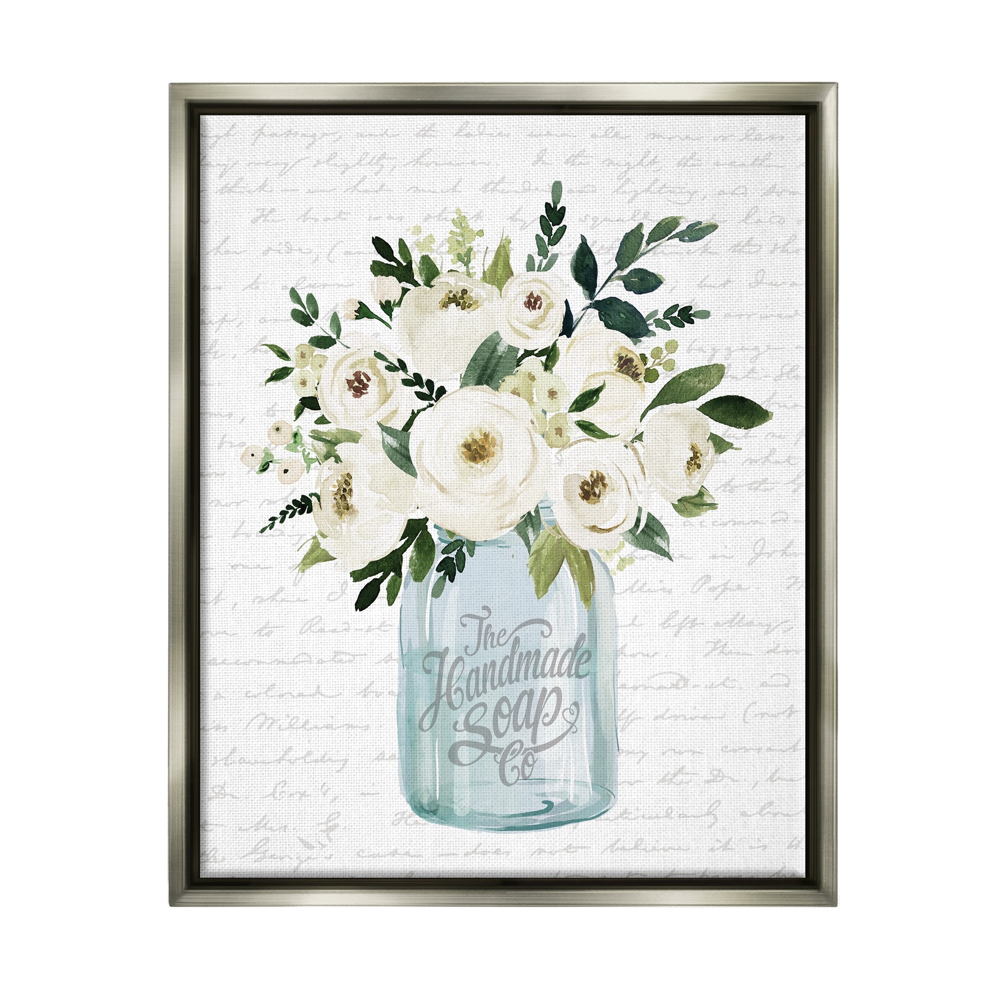 Stupell Industries White Blooms Flower Bouquet Classic Jar Script Graphic Art Luster Gray Floating Framed Canvas Print Wall Art, Design by Lettered and Lined