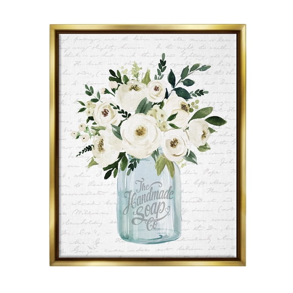 Stupell Industries White Blooms Flower Bouquet Classic Jar Script Graphic Art Metallic Gold Floating Framed Canvas Print Wall Art, Design by Lettered and Lined
