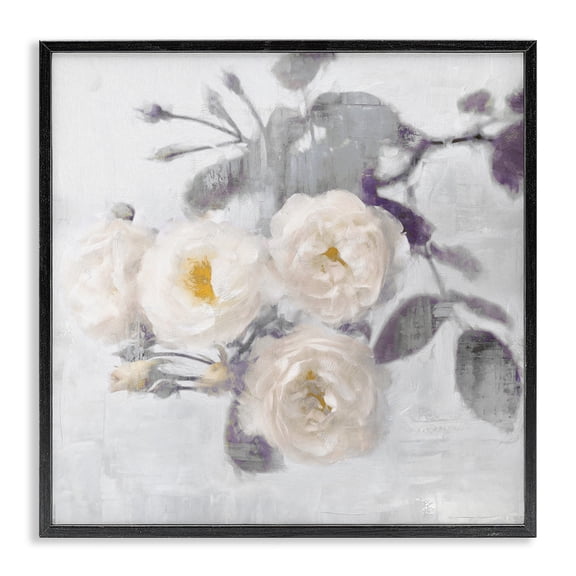 Stupell Industries White Blooms on Grey Floral Painting Black Framed Art Print Wall Art, 12 x 12