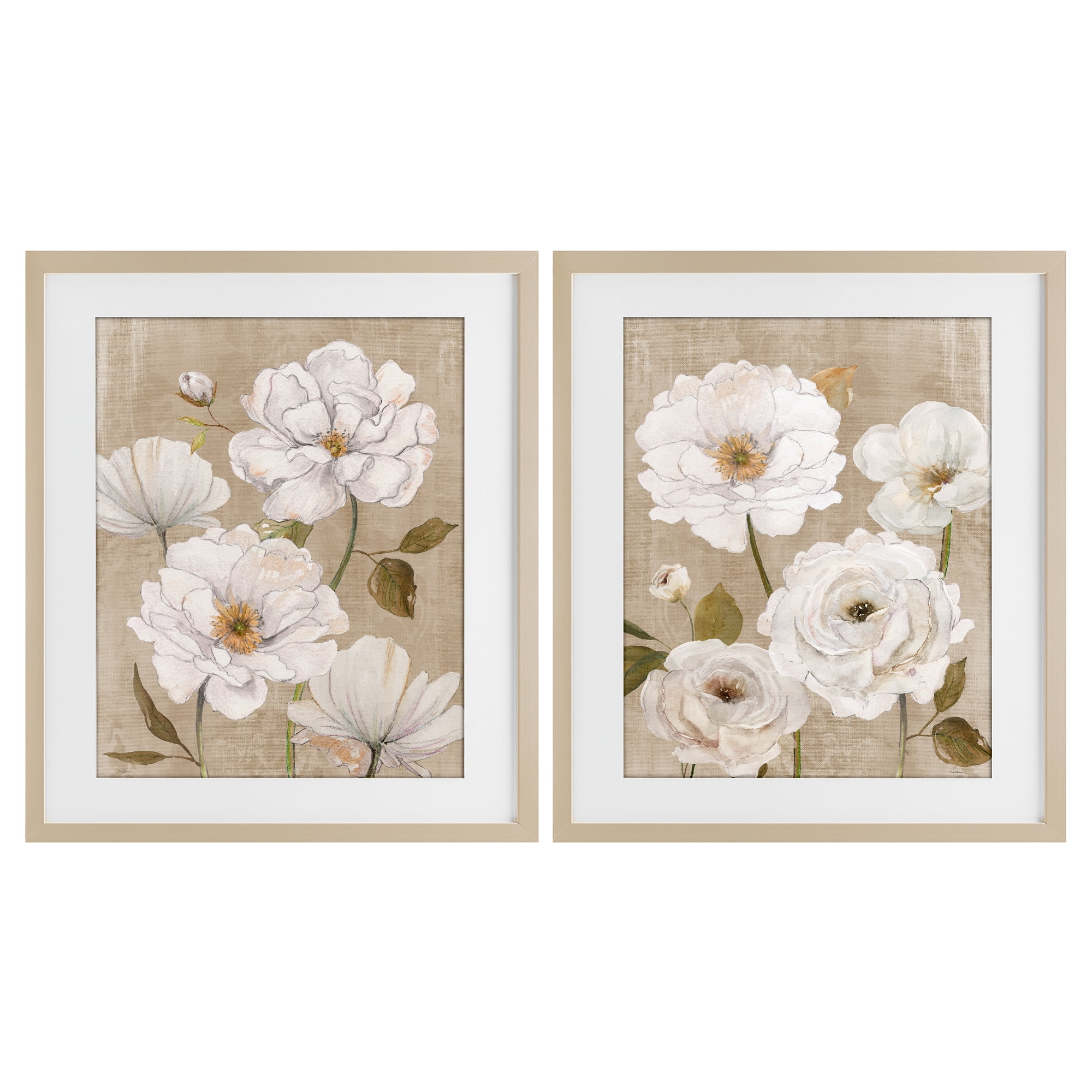 Stupell Industries White Blooms over Neutral 2 Piece Birch Framed Print Under Glass Set, design by Carol Robinson