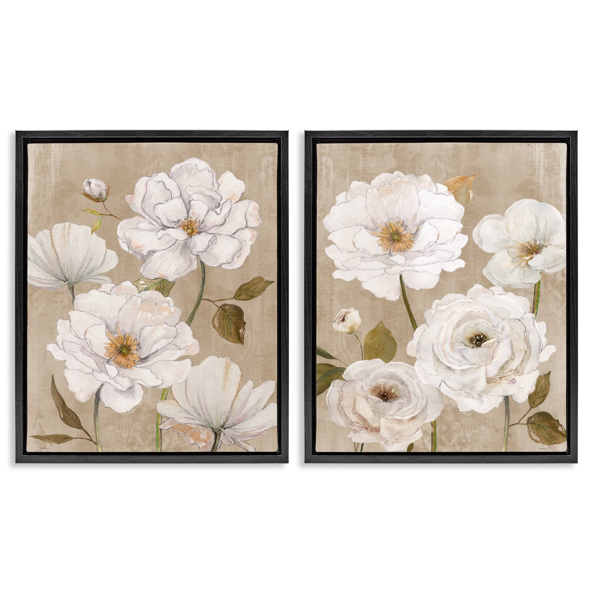 Stupell Industries White Blooms over Neutral 2 Piece Black Framed Floater Canvas Set, design by Carol Robinson