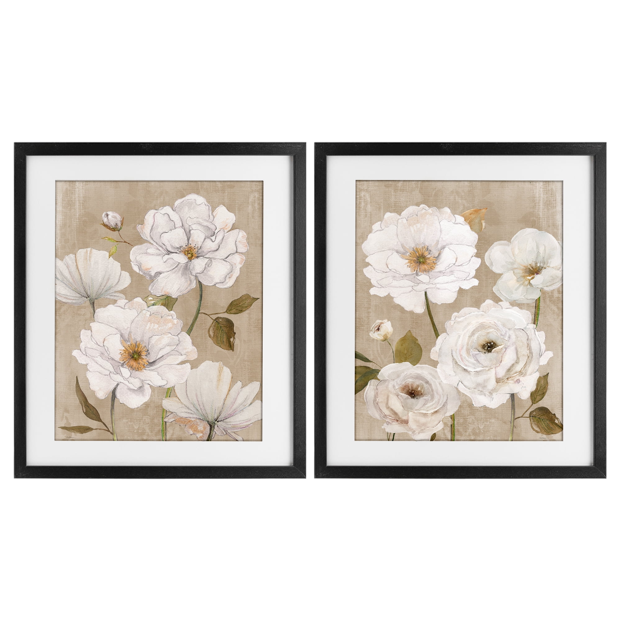 Stupell Industries White Blooms over Neutral 2 Piece Black Framed Print Under Glass Set, design by Carol Robinson