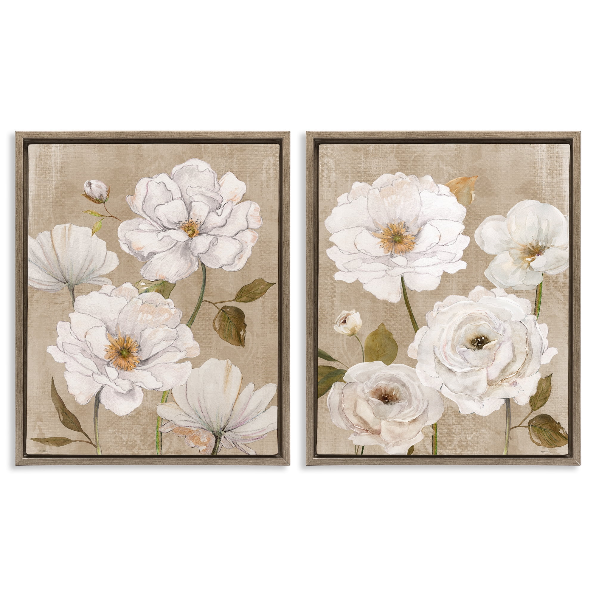 Stupell Industries White Blooms over Neutral 2 Piece Brown Framed Floater Canvas Set, design by Carol Robinson