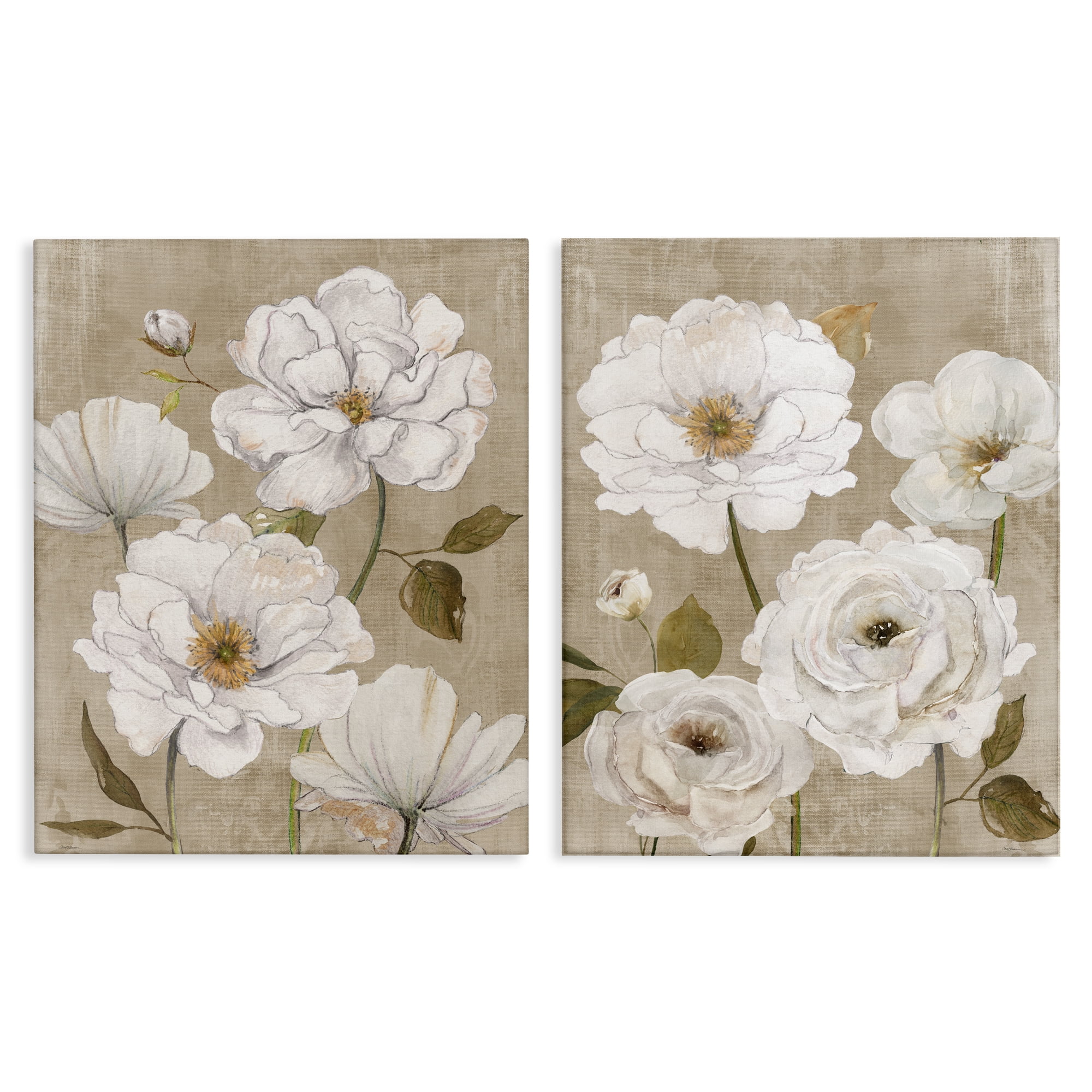 Stupell Industries White Blooms over Neutral 2 Piece Canvas Wall Art Set, design by Carol Robinson