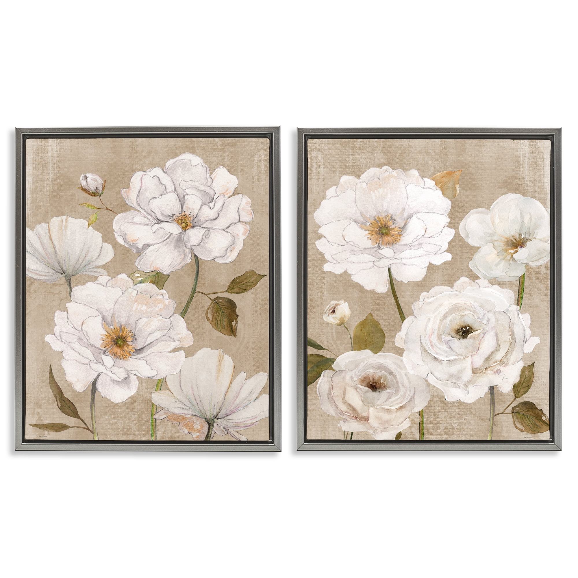 Stupell Industries White Blooms over Neutral 2 Piece Gray Framed Floater Canvas Set, design by Carol Robinson