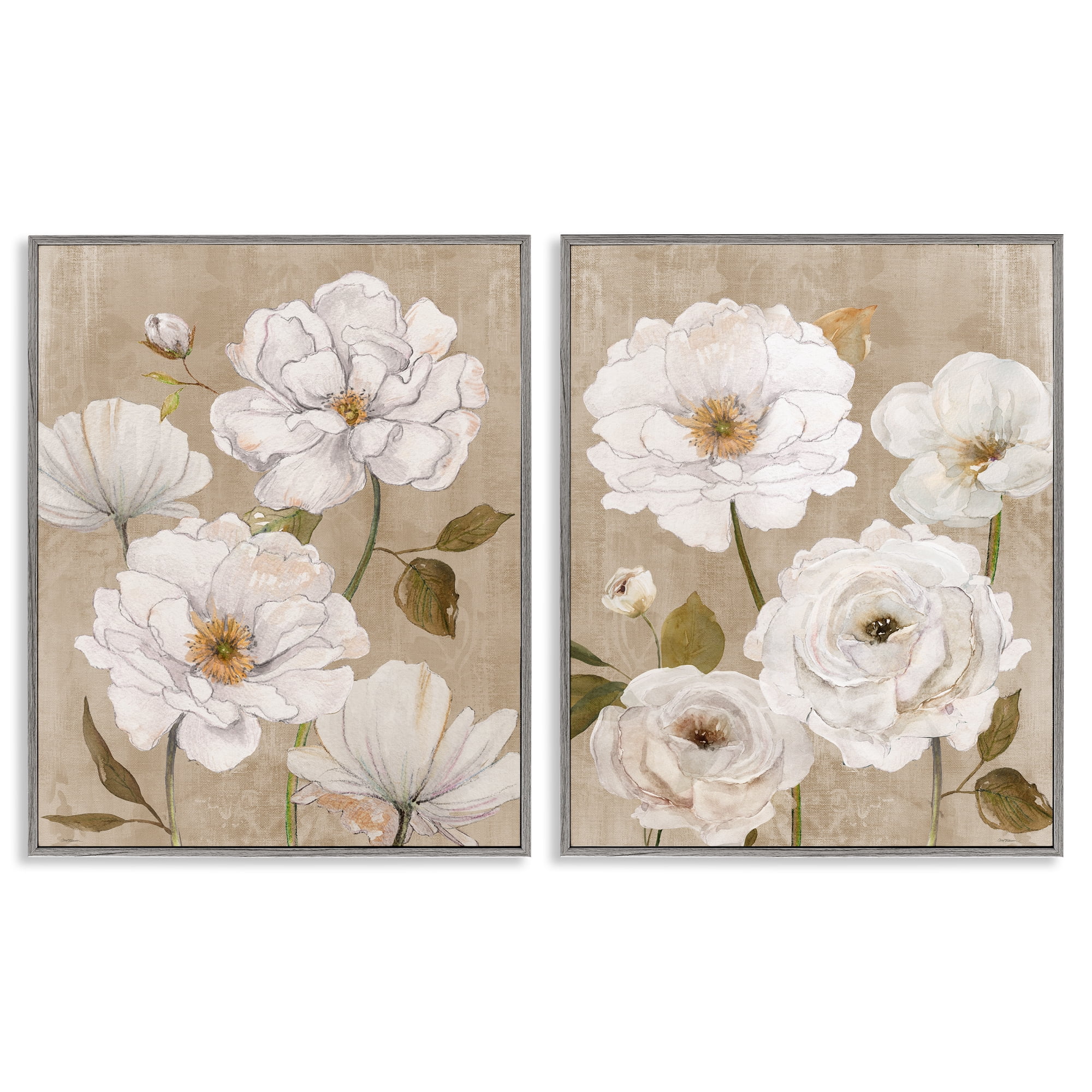 Stupell Industries White Blooms over Neutral 2 Piece Gray Framed Giclee Art Set, design by Carol Robinson