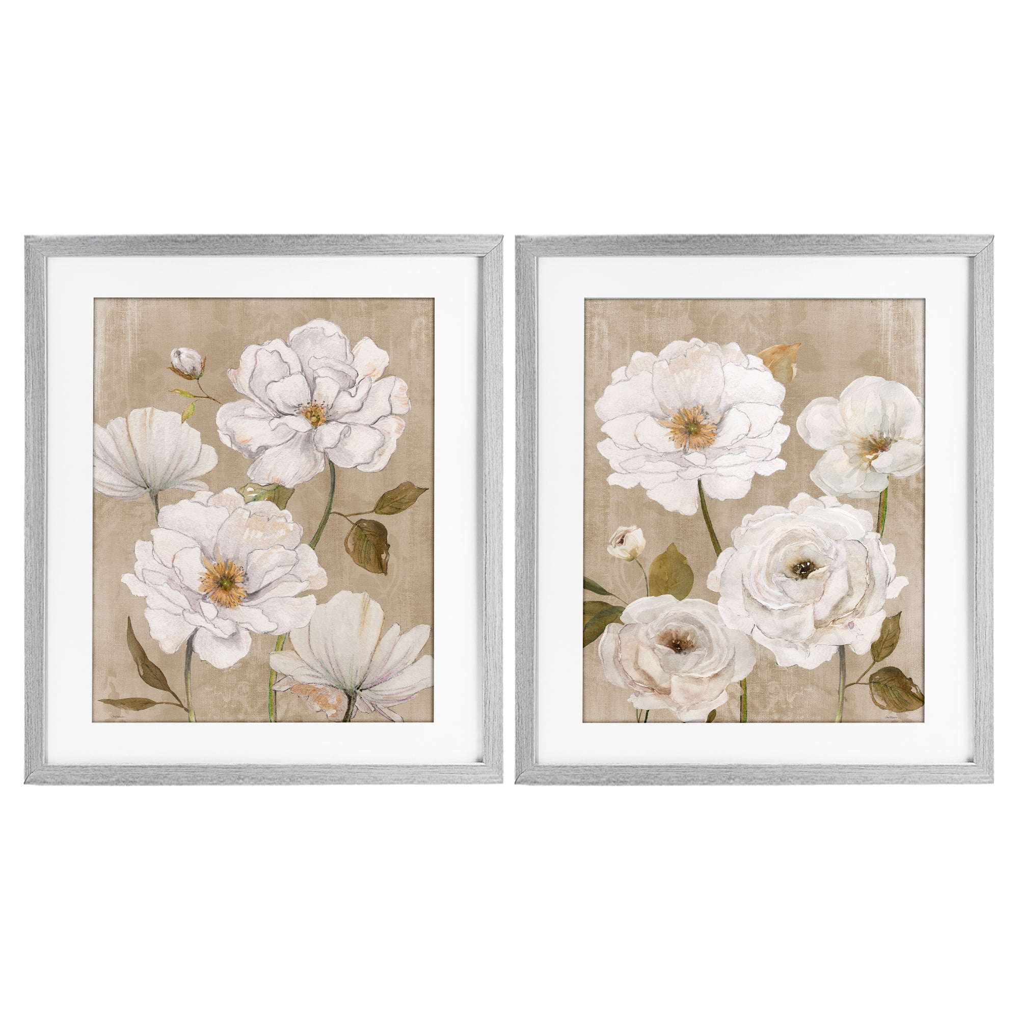 Stupell Industries White Blooms over Neutral 2 Piece Gray Framed Print Under Glass Set, design by Carol Robinson