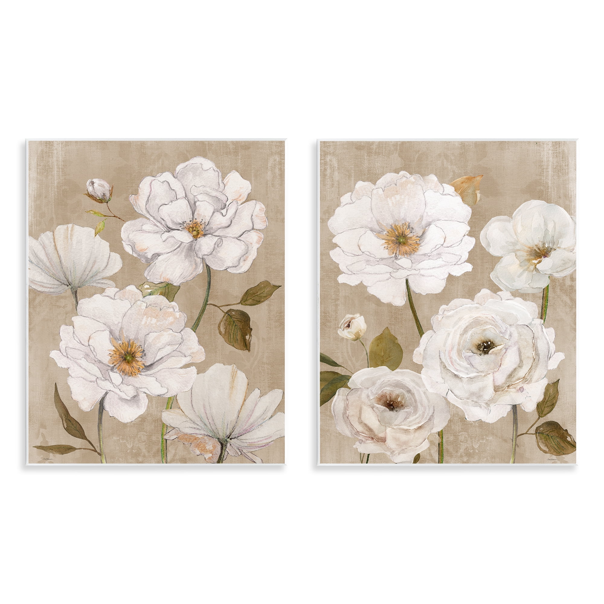 Stupell Industries White Blooms over Neutral 2 Piece Wall Plaque Art Set, design by Carol Robinson