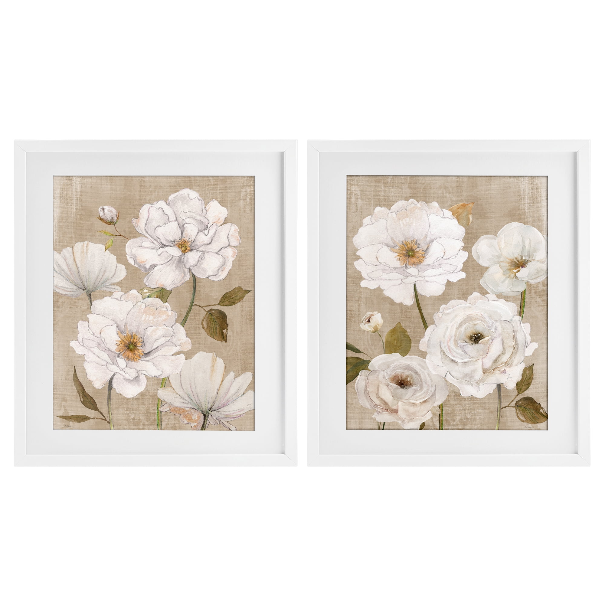 Stupell Industries White Blooms over Neutral 2 Piece White Framed Print Under Glass Set, design by Carol Robinson