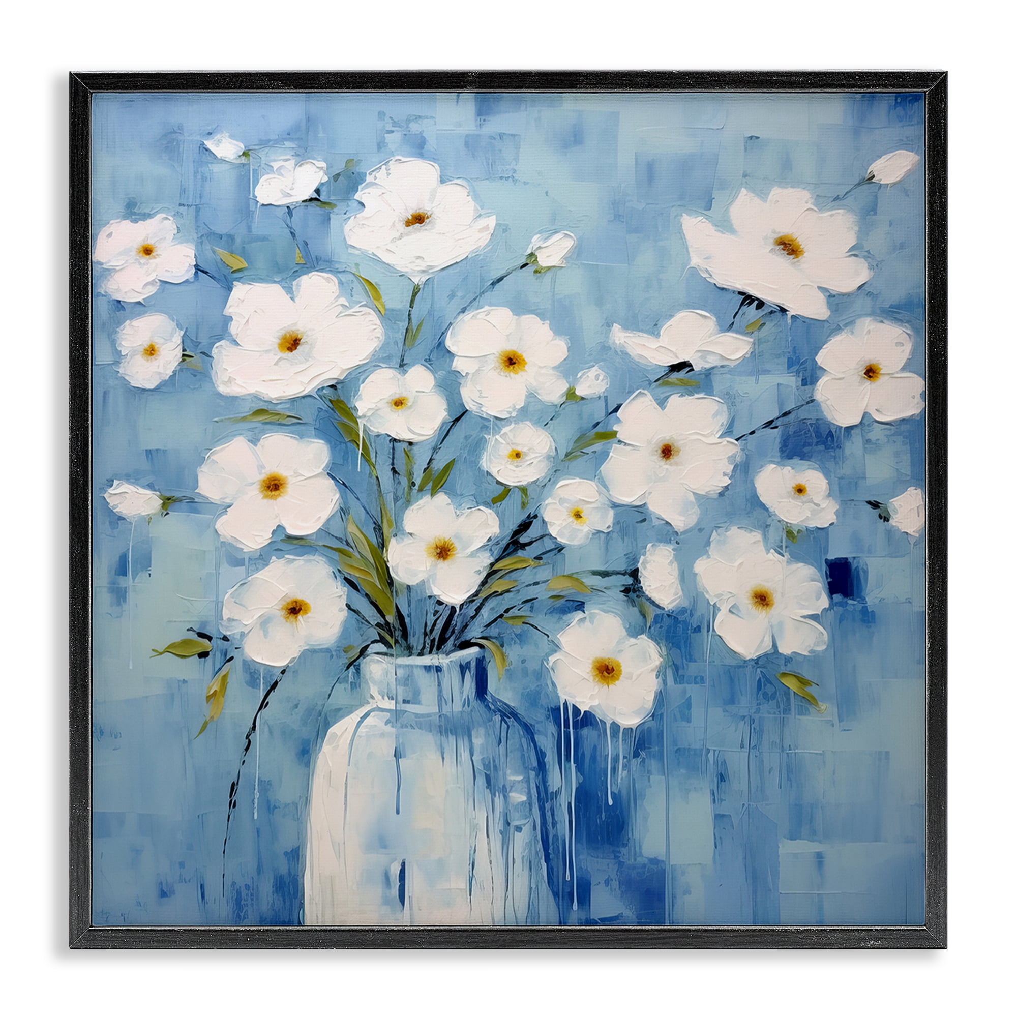 Stupell Industries White Blooms with Paint Drip Plants & Flowers Painting Black Framed Art Print Wall Art, 12 x 12