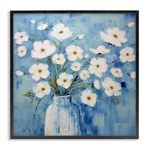 Stupell Industries White Blooms with Paint Drip Plants & Flowers Painting Black Framed Art Print Wall Art, 12 x 12