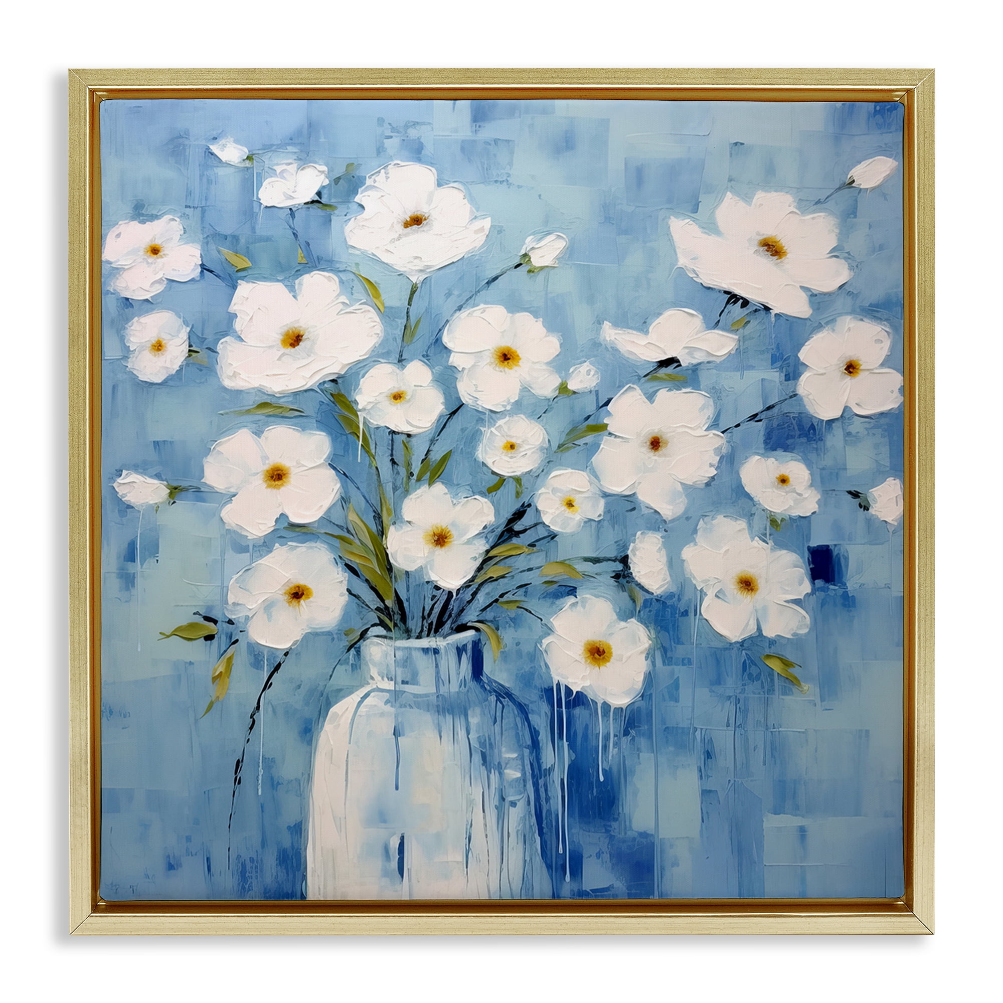 Stupell Industries White Blooms with Paint Drip Plants & Flowers Painting Gold Floater Framed Canvas Art Print Wall Art, 18 x 18