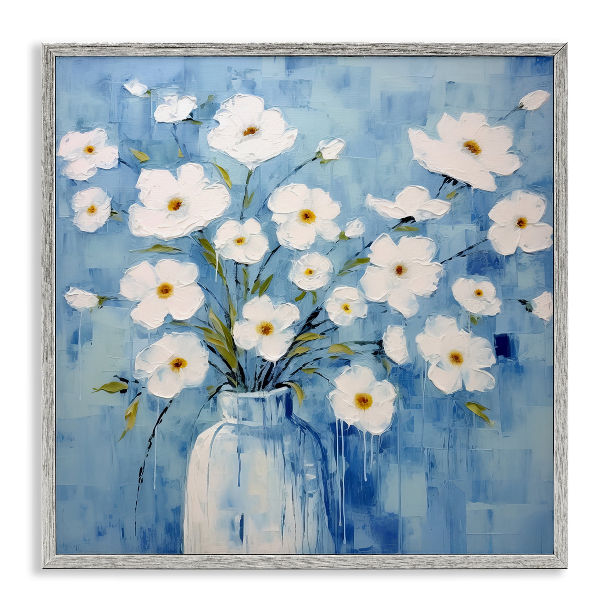 Stupell Industries White Blooms with Paint Drip Plants & Flowers Painting Gray Framed Art Print Wall Art, 12 x 12