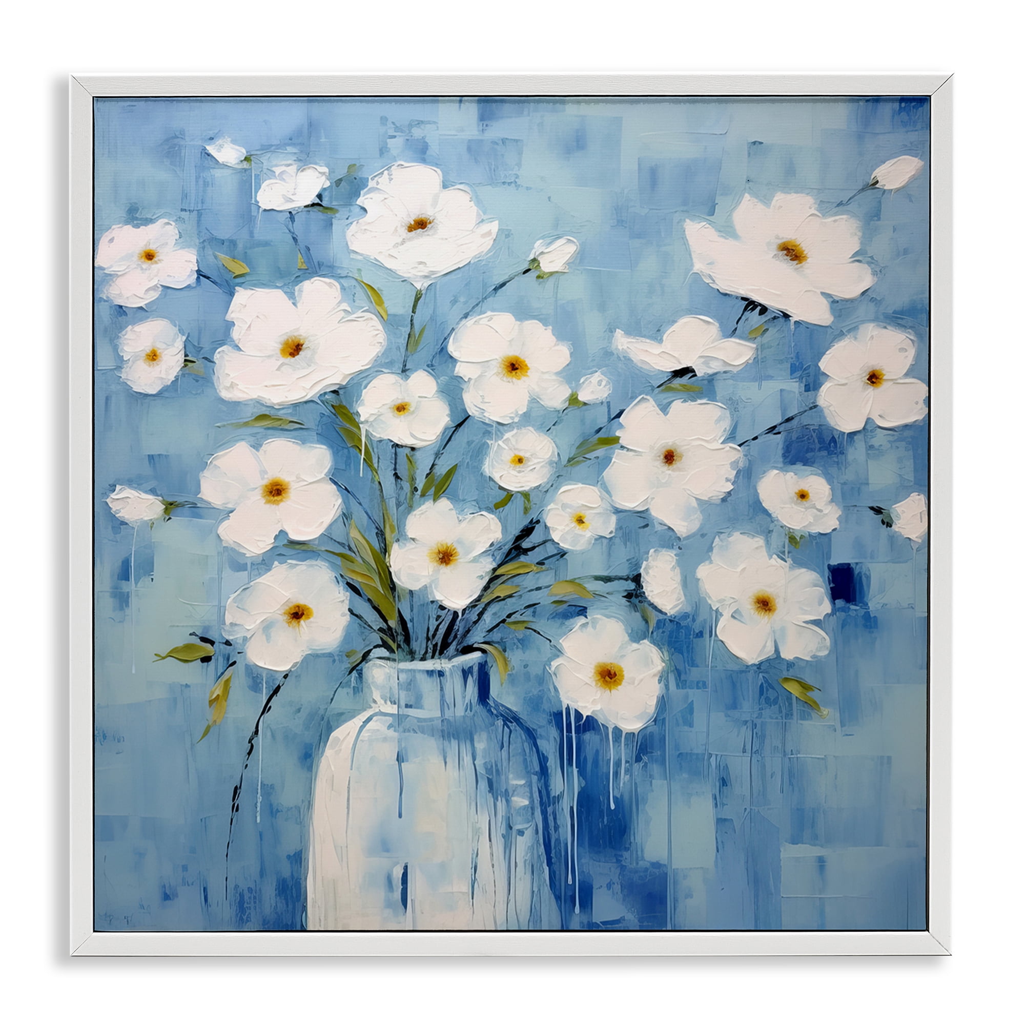Stupell Industries White Blooms with Paint Drip Plants & Flowers Painting White Framed Art Print Wall Art, 17 x 17