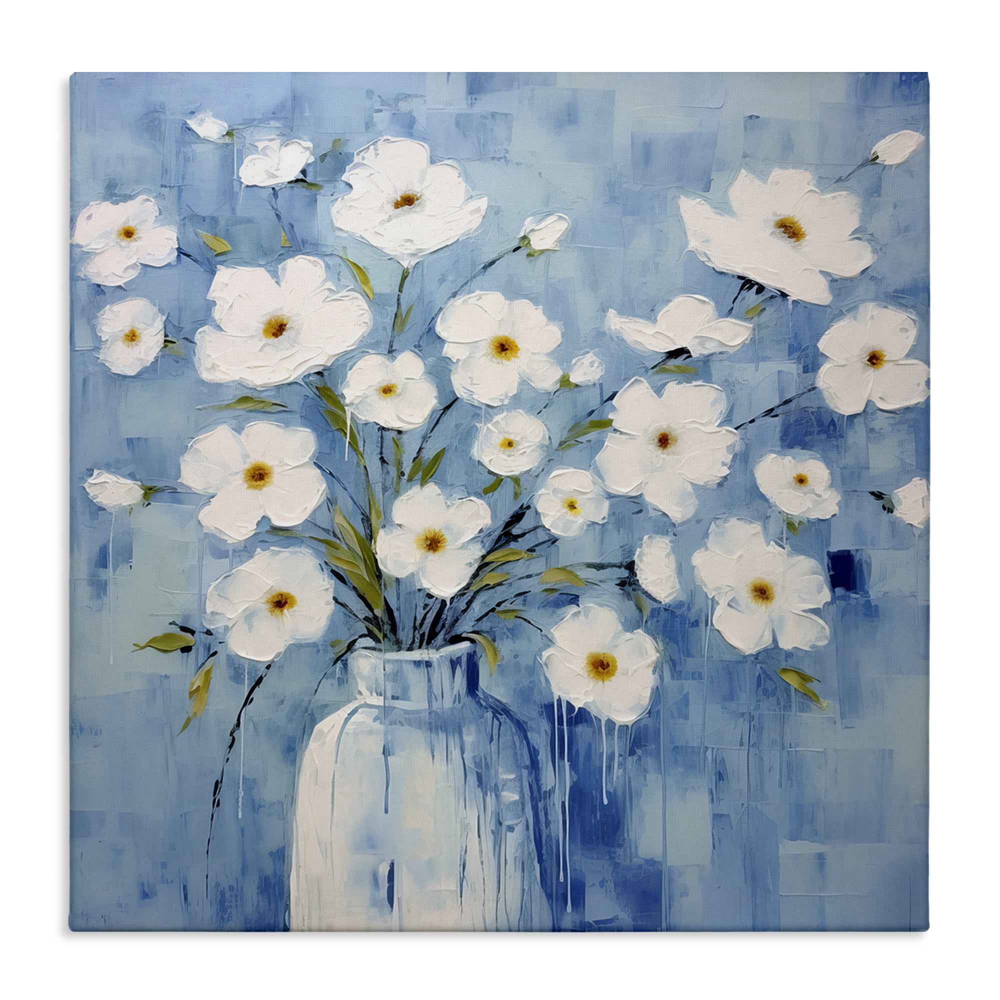 Stupell Industries White Blooms with Paint Drip Plants & Flowers Painting Wrapped Canvas Art Print Wall Art, 24 x 24