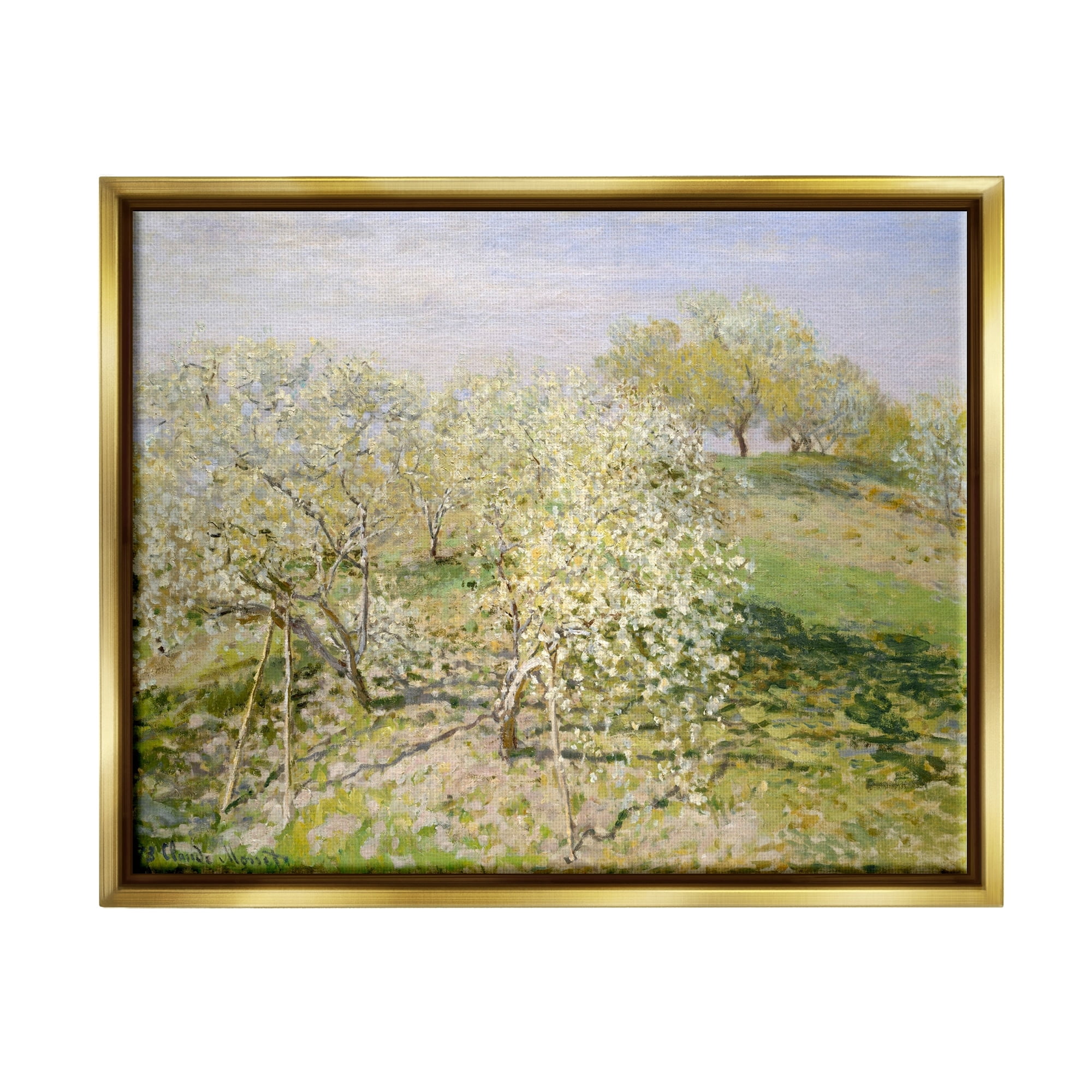 Stupell Industries White Blossom Tree Orchard Field Impressionist Brushstrokes Painting Metallic Gold Floating Framed Canvas Print Wall Art, Design by Lettered and Lined