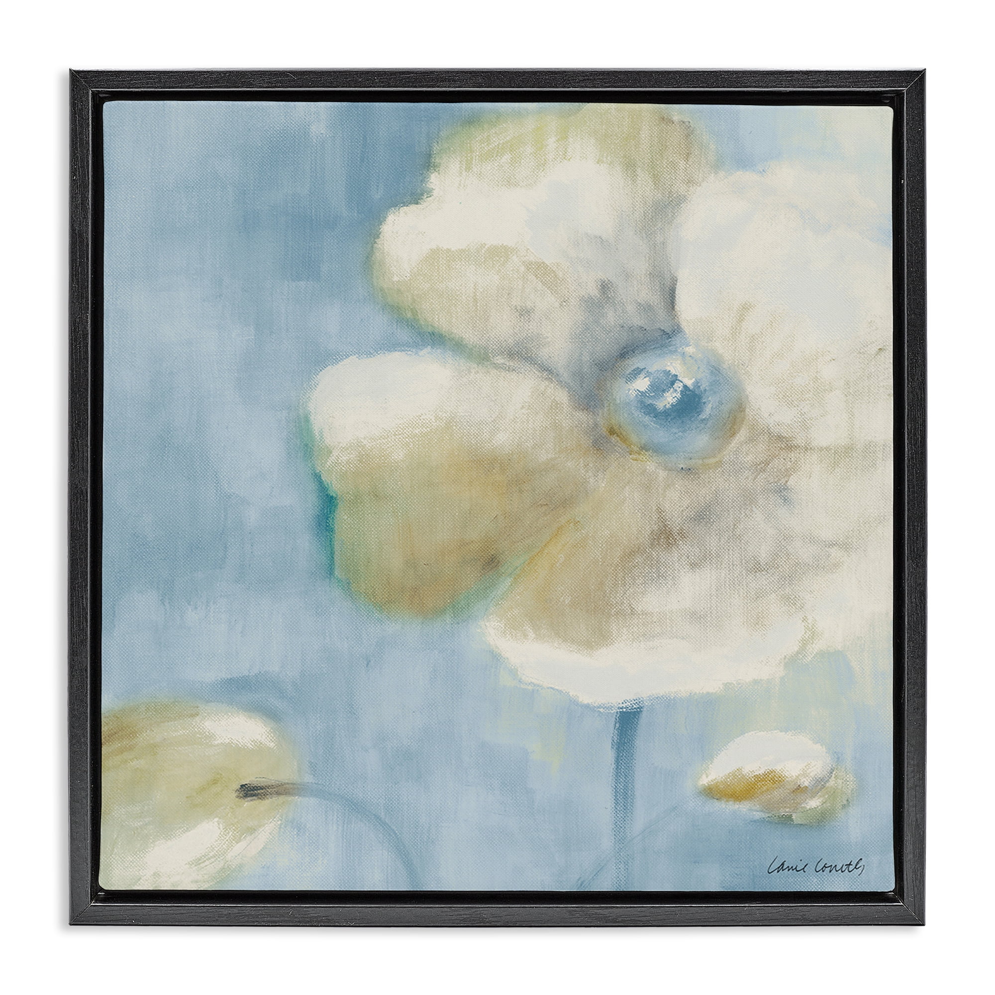 Stupell Industries White Blossom on Blue Botanical & Floral Painting Black Floater Framed Canvas Art Print Wall Art, 18 x 18