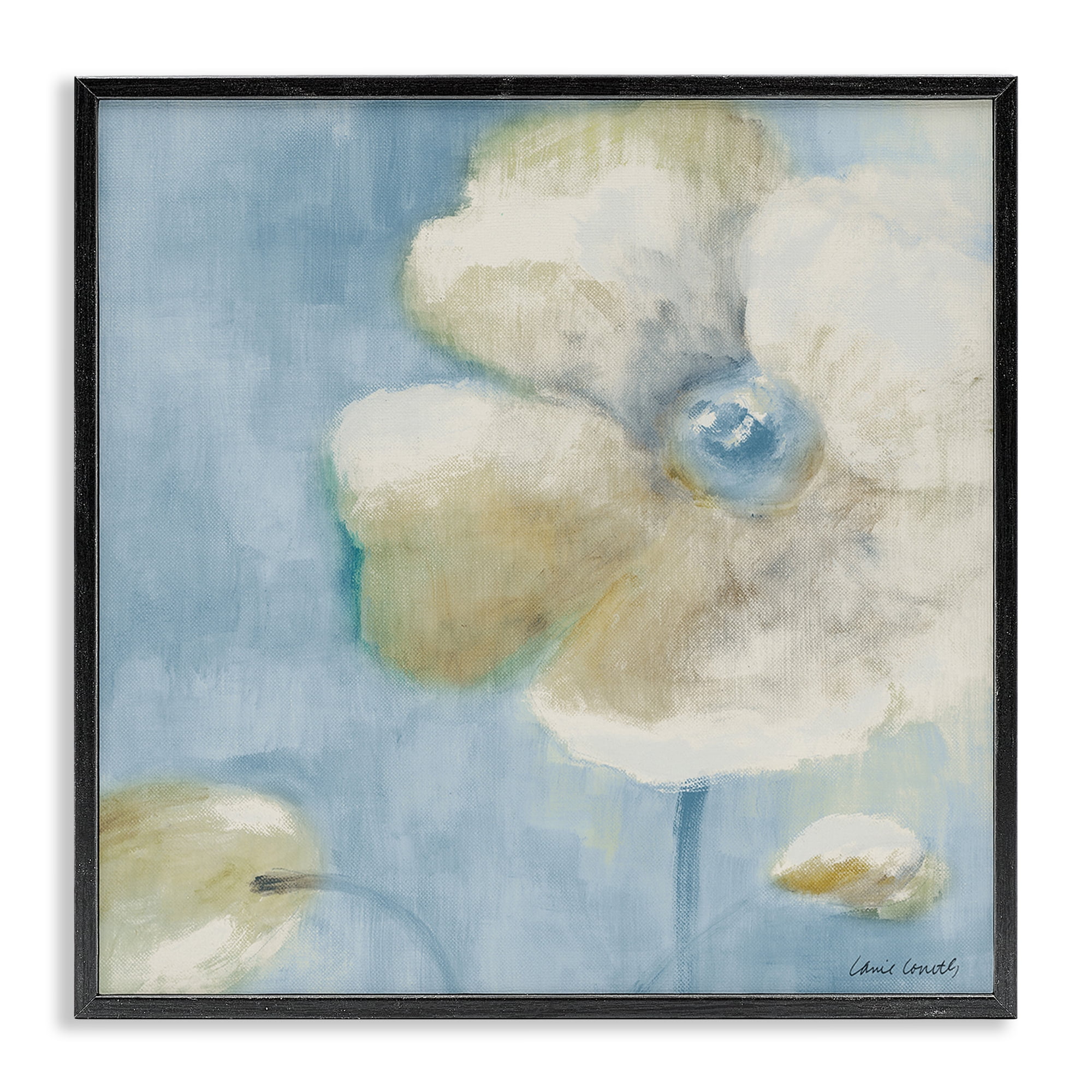 Stupell Industries White Blossom on Blue Botanical & Floral Painting Black Framed Art Print Wall Art, 24 x 24