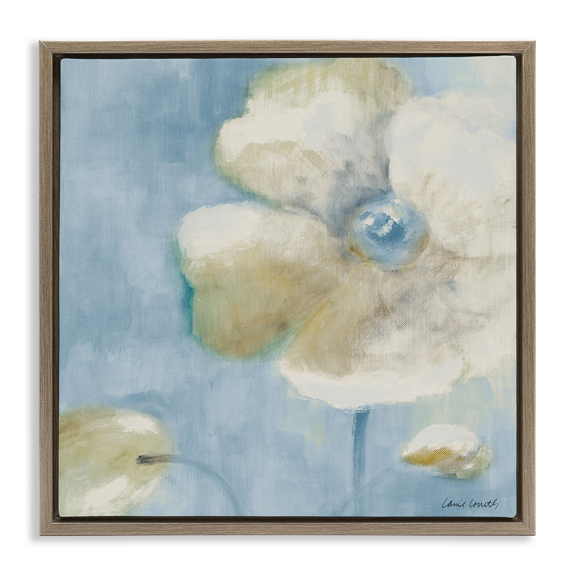 Stupell Industries White Blossom on Blue Botanical & Floral Painting Brown Floater Framed Canvas Art Print Wall Art, 18 x 18