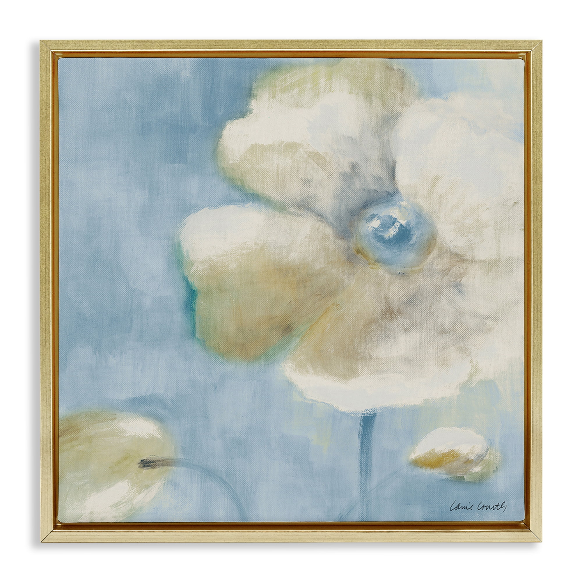 Stupell Industries White Blossom on Blue Botanical & Floral Painting Gold Floater Framed Canvas Art Print Wall Art, 18 x 18