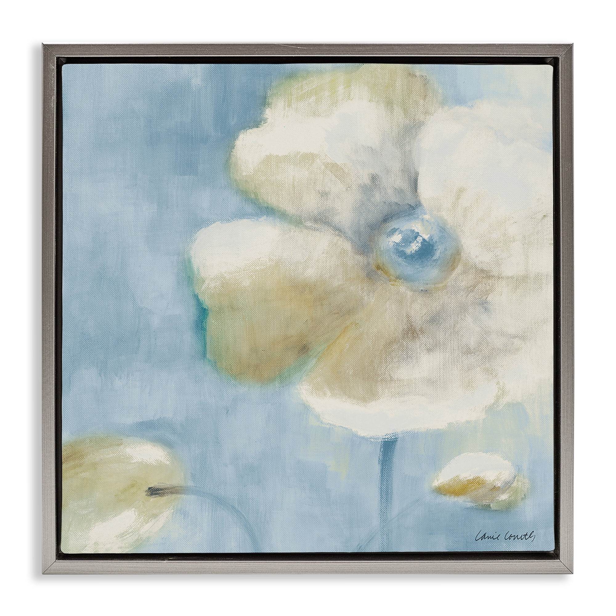Stupell Industries White Blossom on Blue Botanical & Floral Painting Gray Floater Framed Canvas Art Print Wall Art, 25 x 25