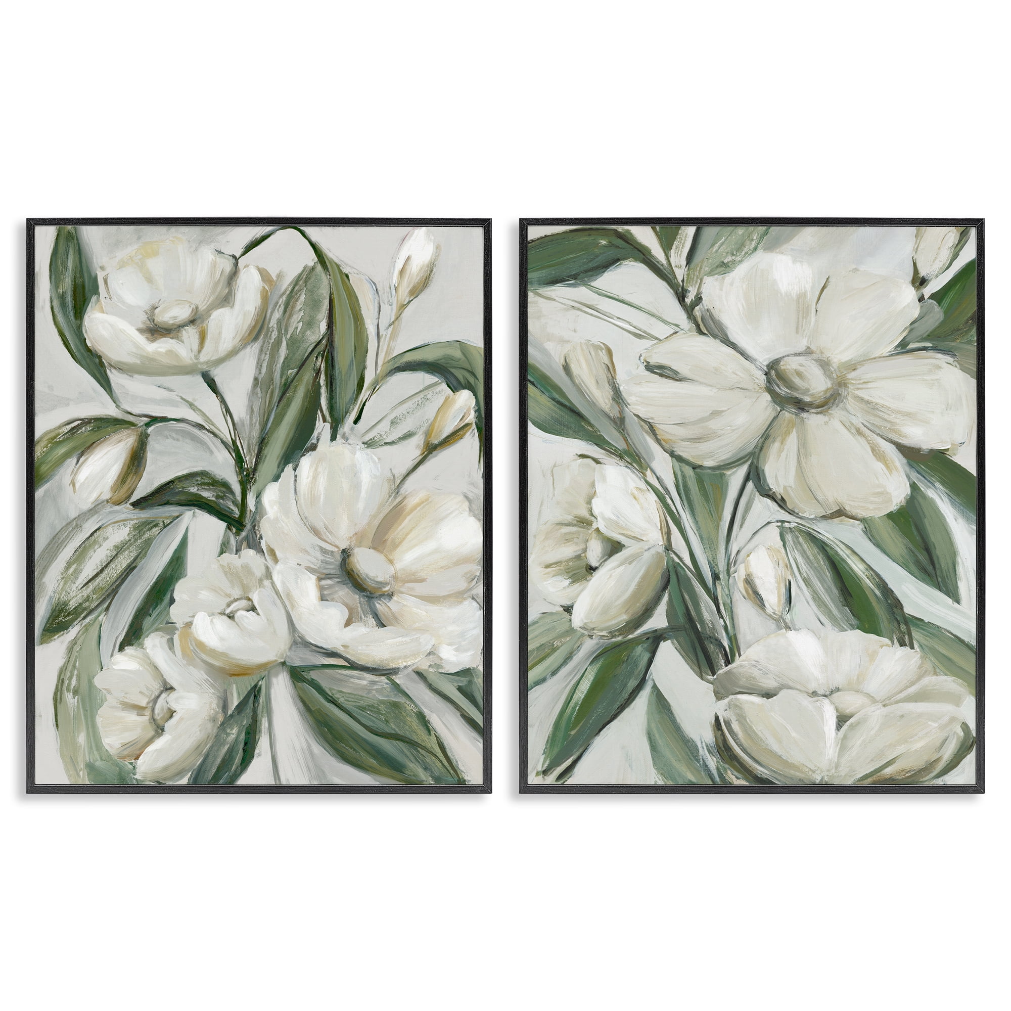 Stupell Industries White Blossoms & Leaves Plants & Flowers Painting Black Framed Art Print Wall Art, 16 x 20, Set of 2