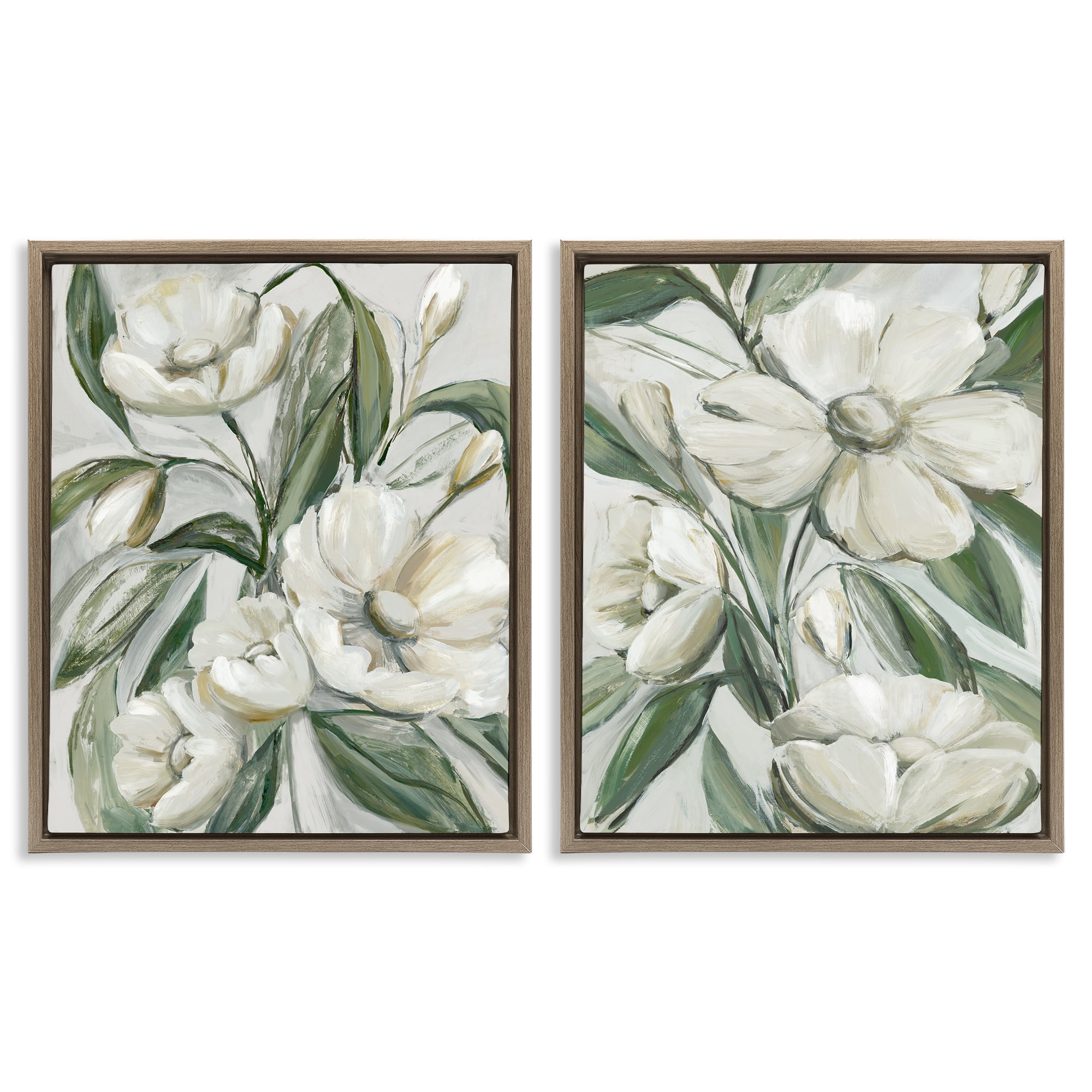 Stupell Industries White Blossoms & Leaves Plants & Flowers Painting Brown Floater Framed Canvas Art Print Wall Art, 31 x 25, Set of 2