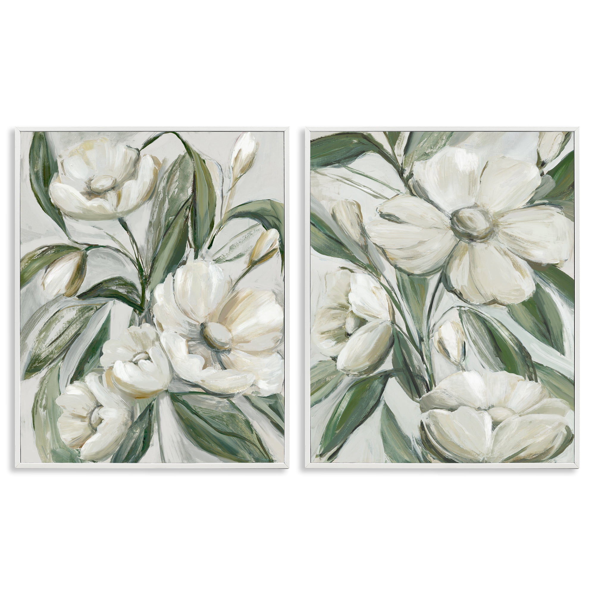 Stupell Industries White Blossoms & Leaves Plants & Flowers Painting White Framed Art Print Wall Art, 16 x 20, Set of 2