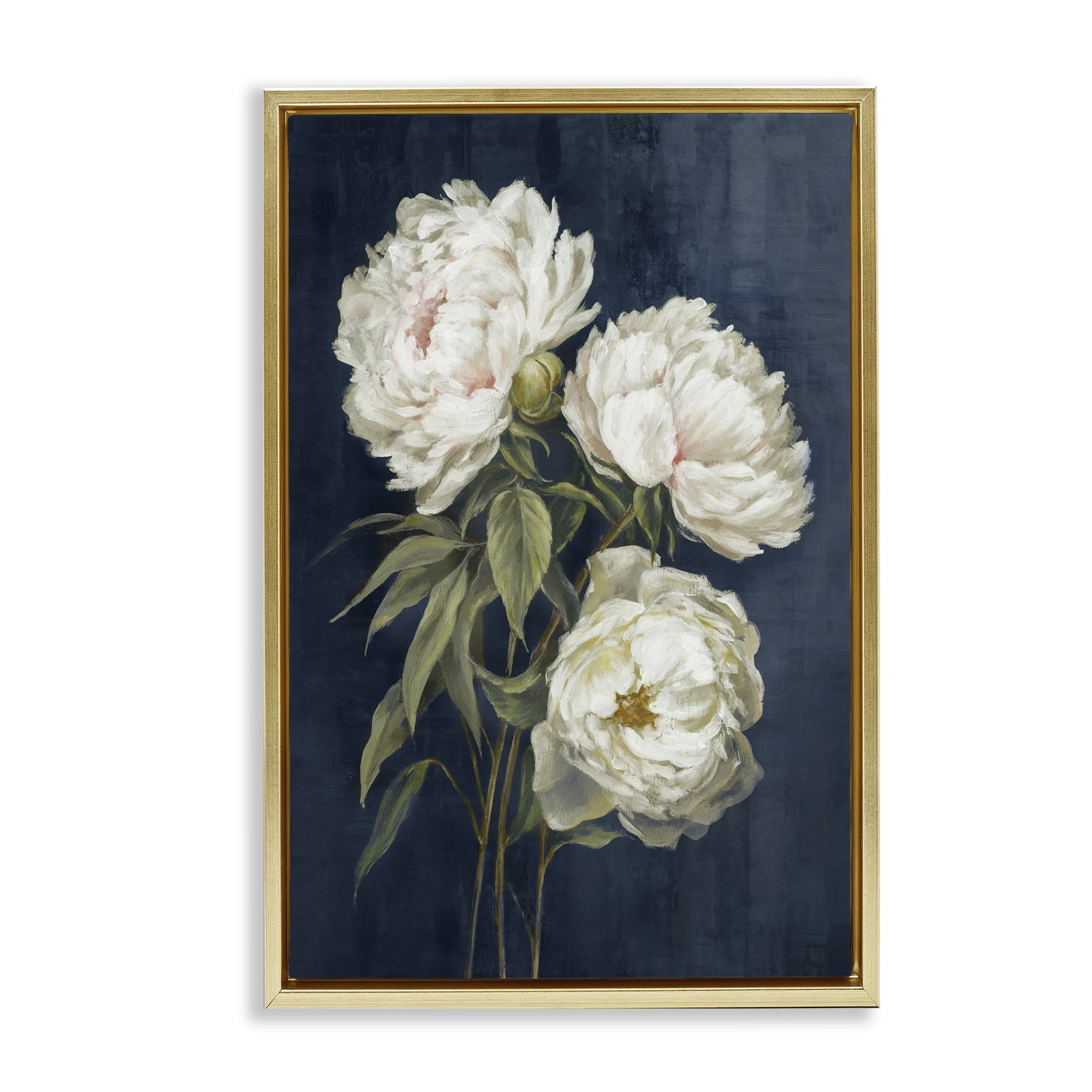 Stupell Industries White Blossoms on Blue Plants & Flowers Painting Gold Floater Framed Canvas Art Print Wall Art, 21 x 31