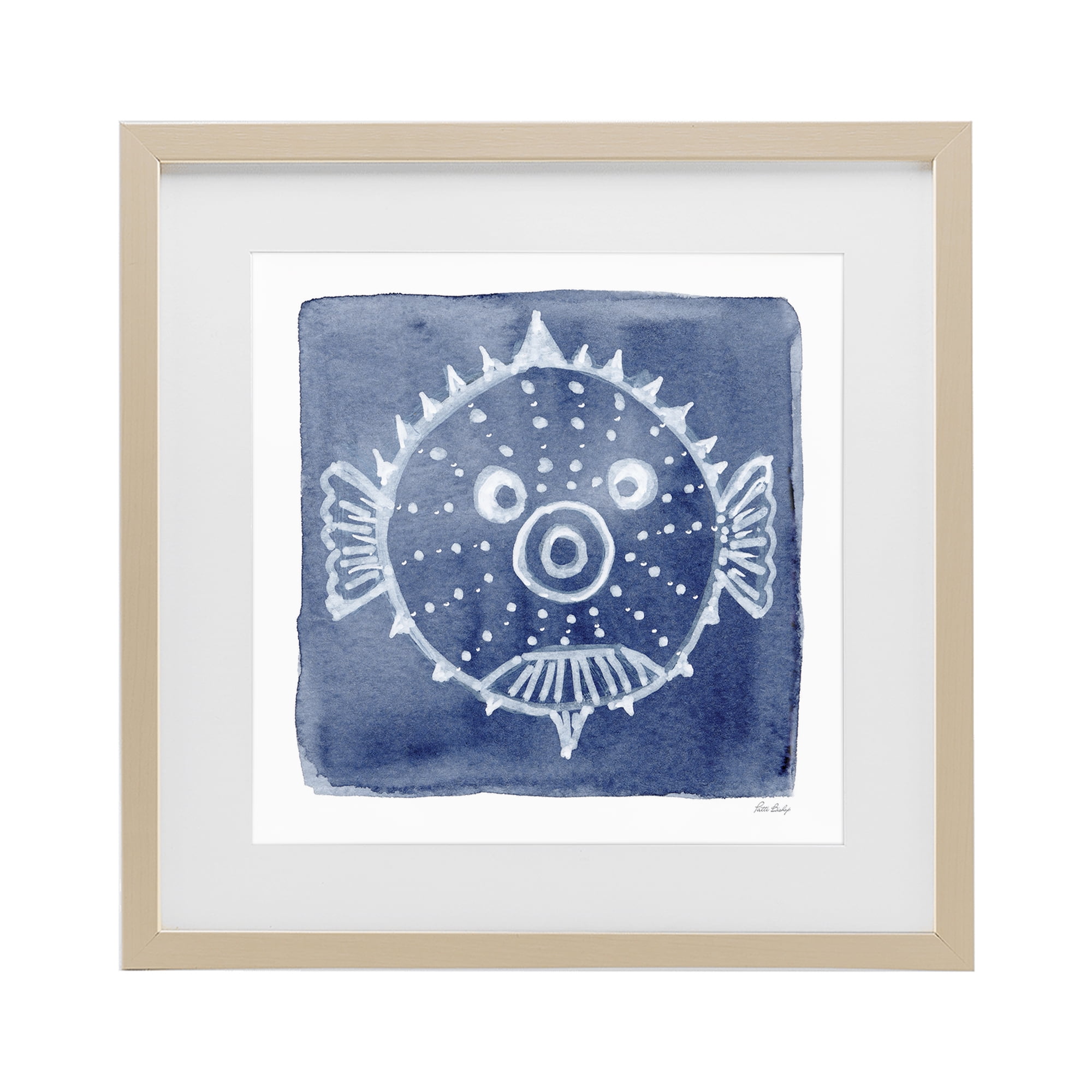 Stupell Industries White Blow Fish on Indigo Birch Framed Print Under Glass, design by Patti Bishop