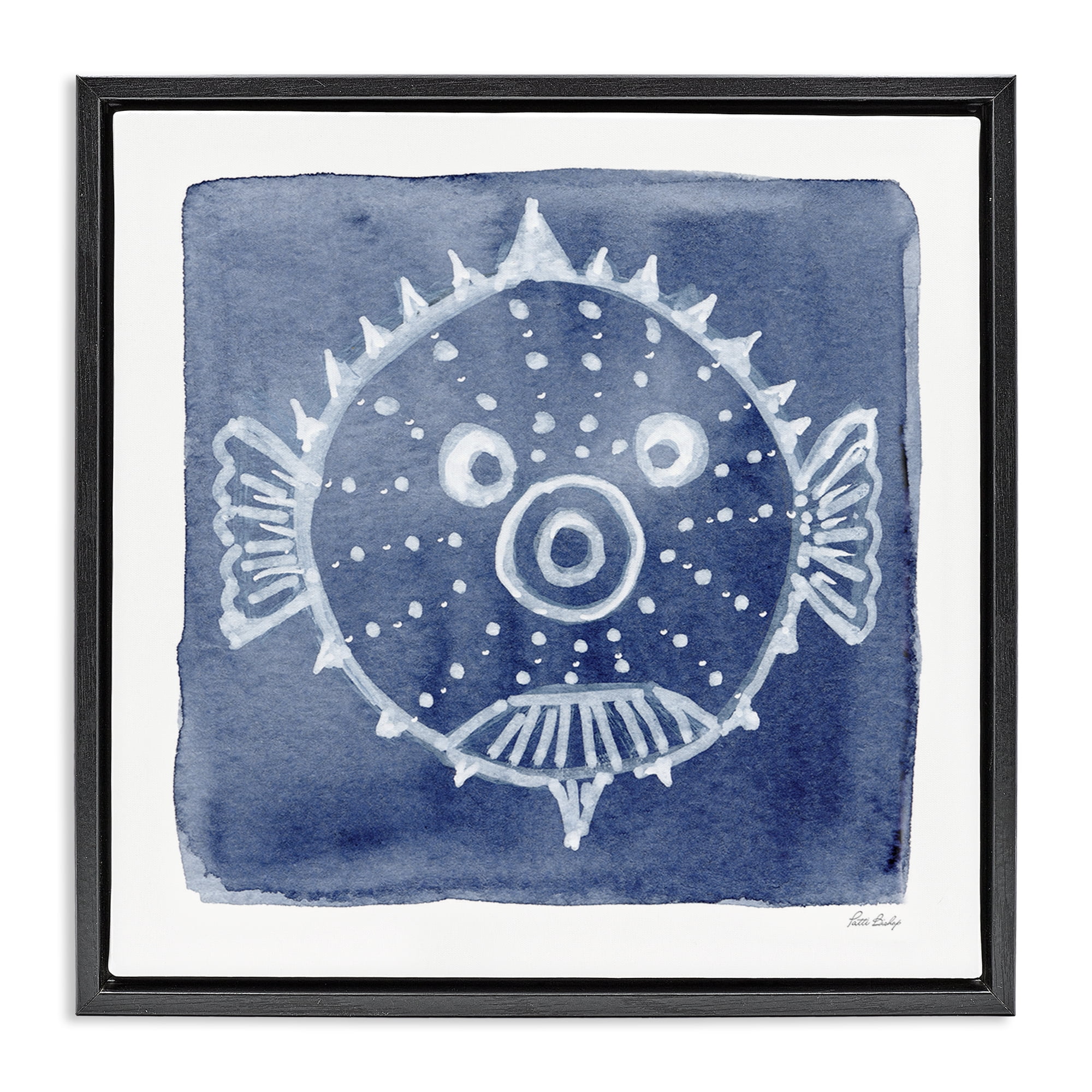 Stupell Industries White Blow Fish on Indigo Black Framed Floater Canvas Wall Art, design by Patti Bishop