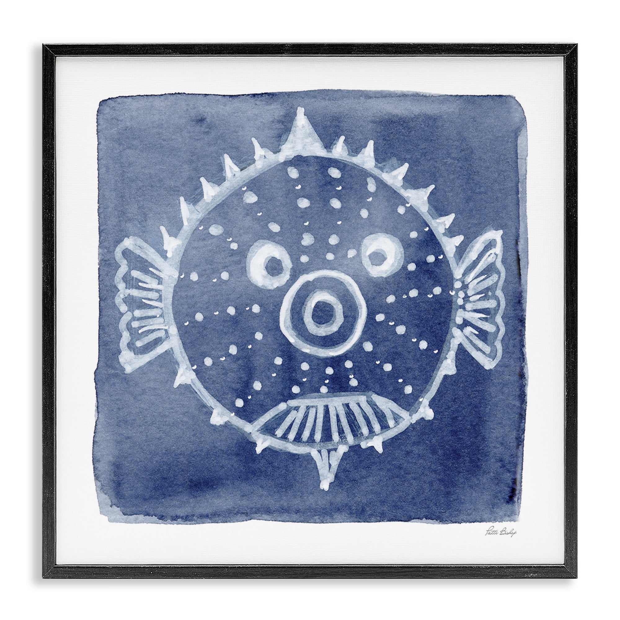 Stupell Industries White Blow Fish on Indigo Black Framed Giclee Art, design by Patti Bishop