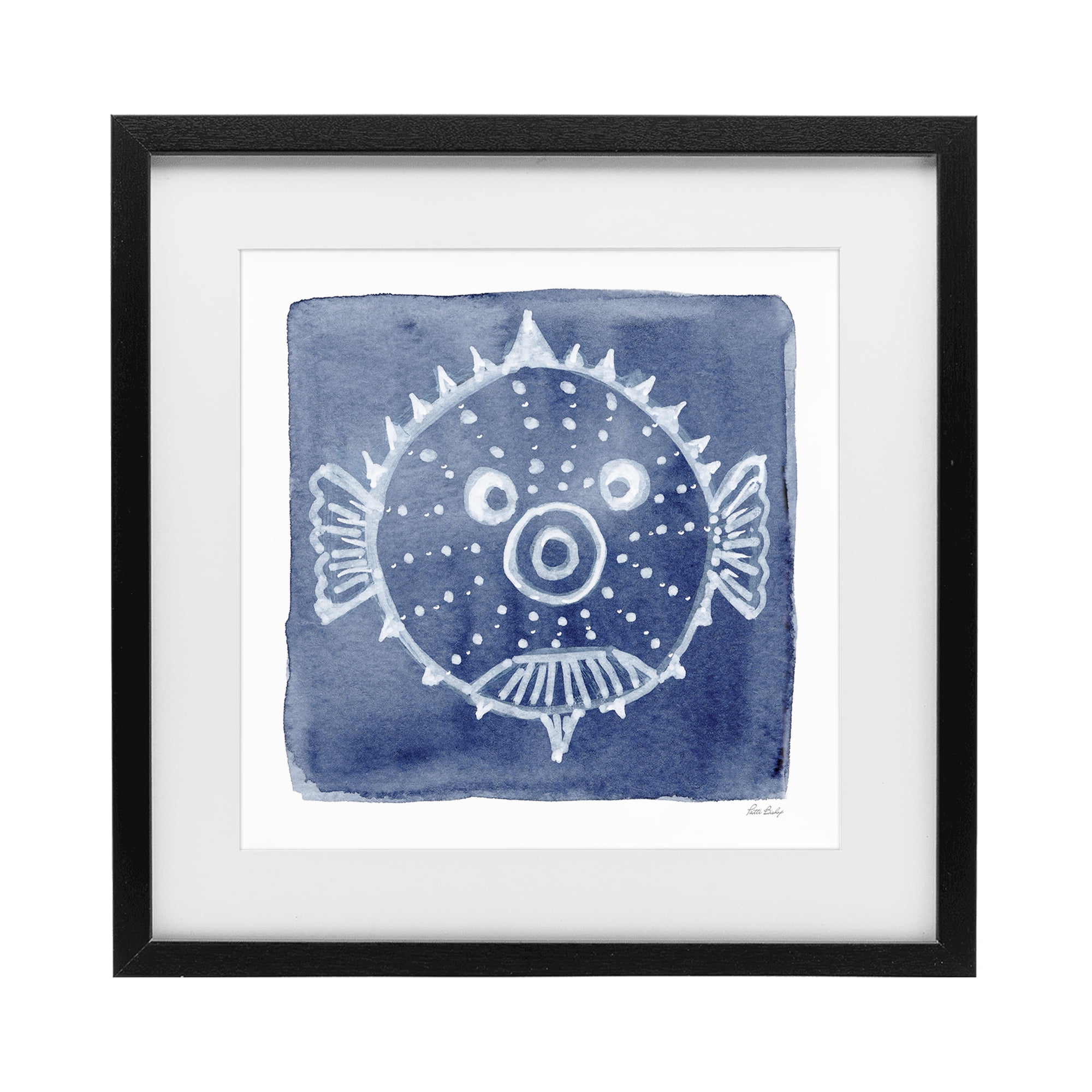 Stupell Industries White Blow Fish on Indigo Black Framed Print Under Glass, design by Patti Bishop