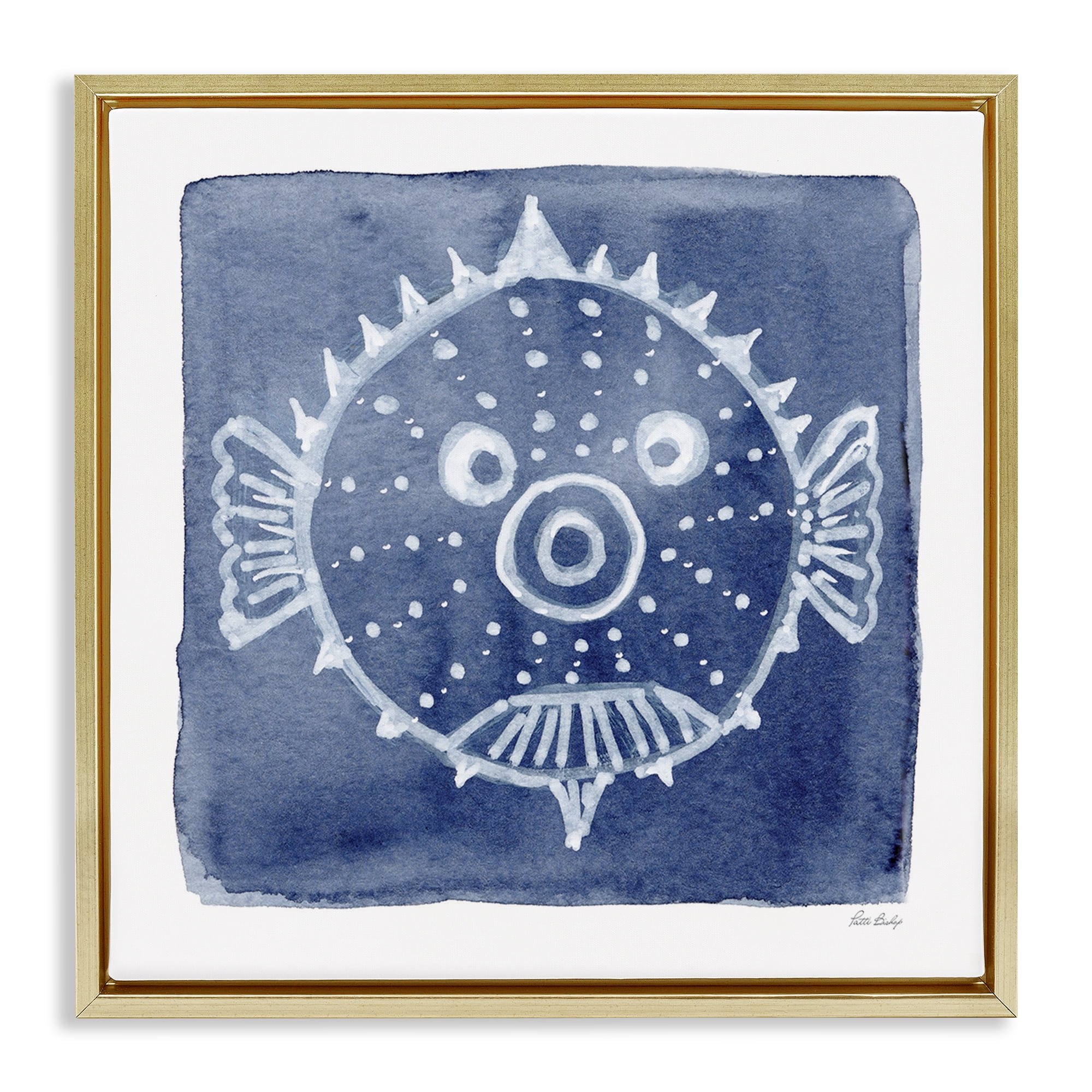 Stupell Industries White Blow Fish on Indigo Gold Framed Floater Canvas Wall Art, design by Patti Bishop