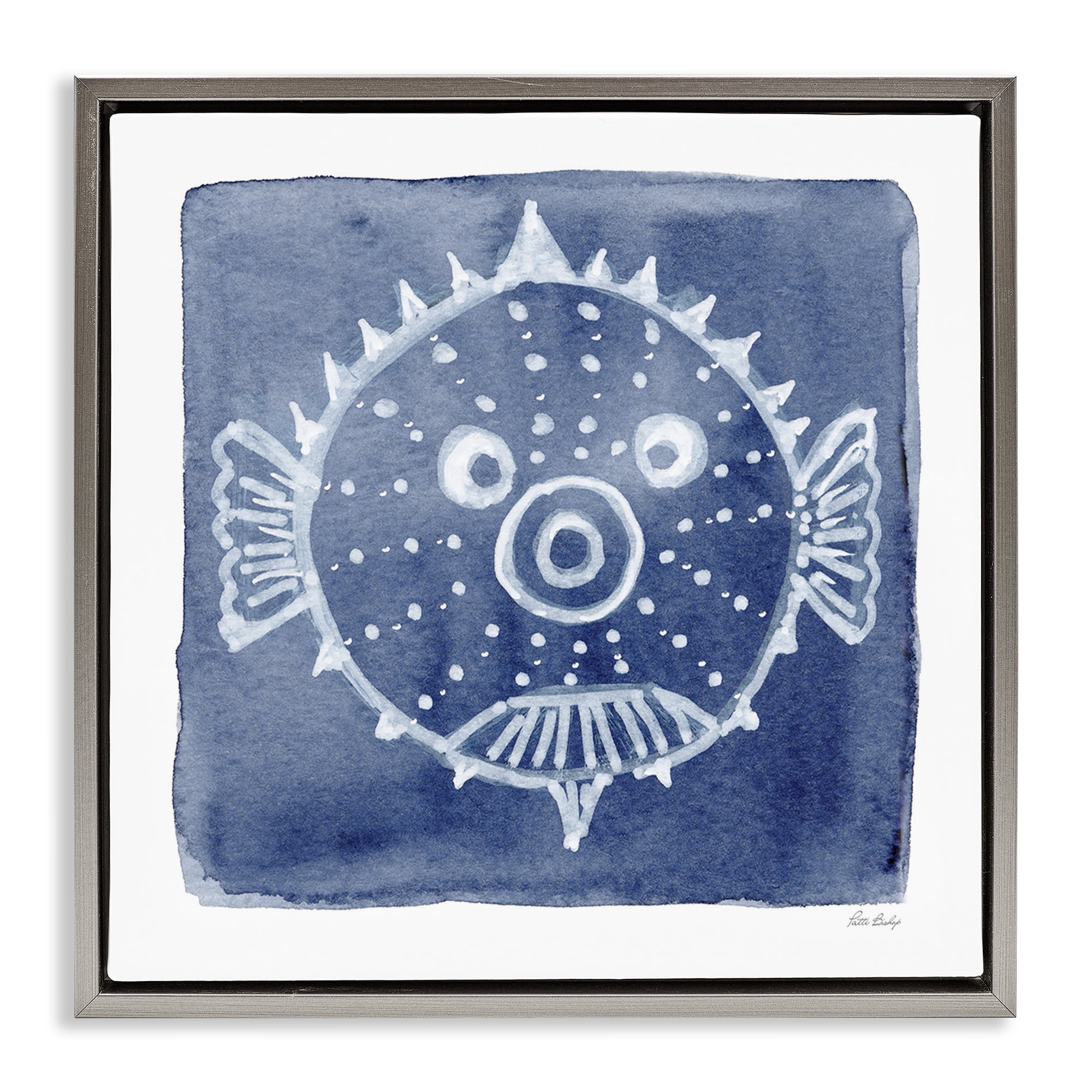 Stupell Industries White Blow Fish on Indigo Gray Framed Floater Canvas Wall Art, design by Patti Bishop