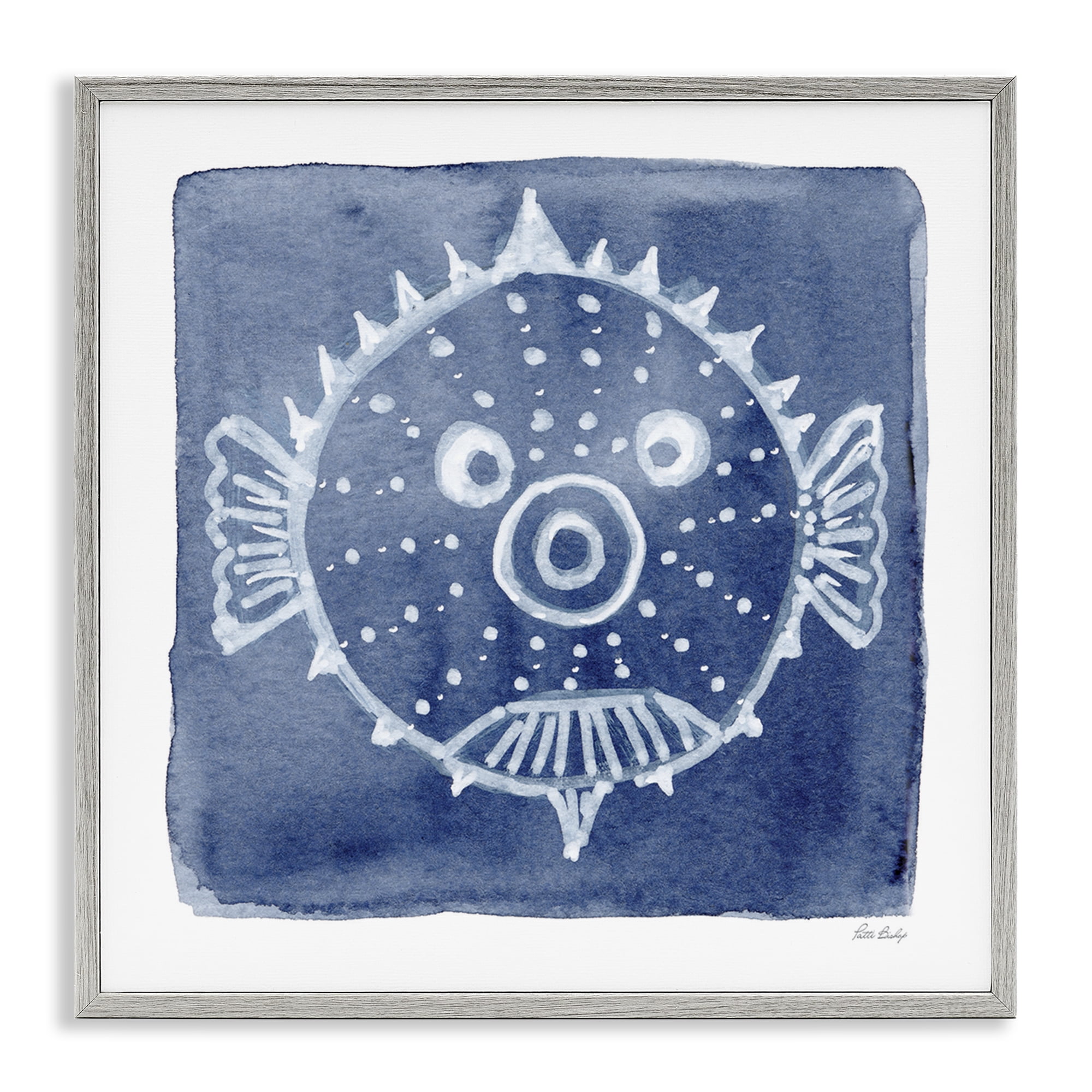 Stupell Industries White Blow Fish on Indigo Gray Framed Giclee Art, design by Patti Bishop