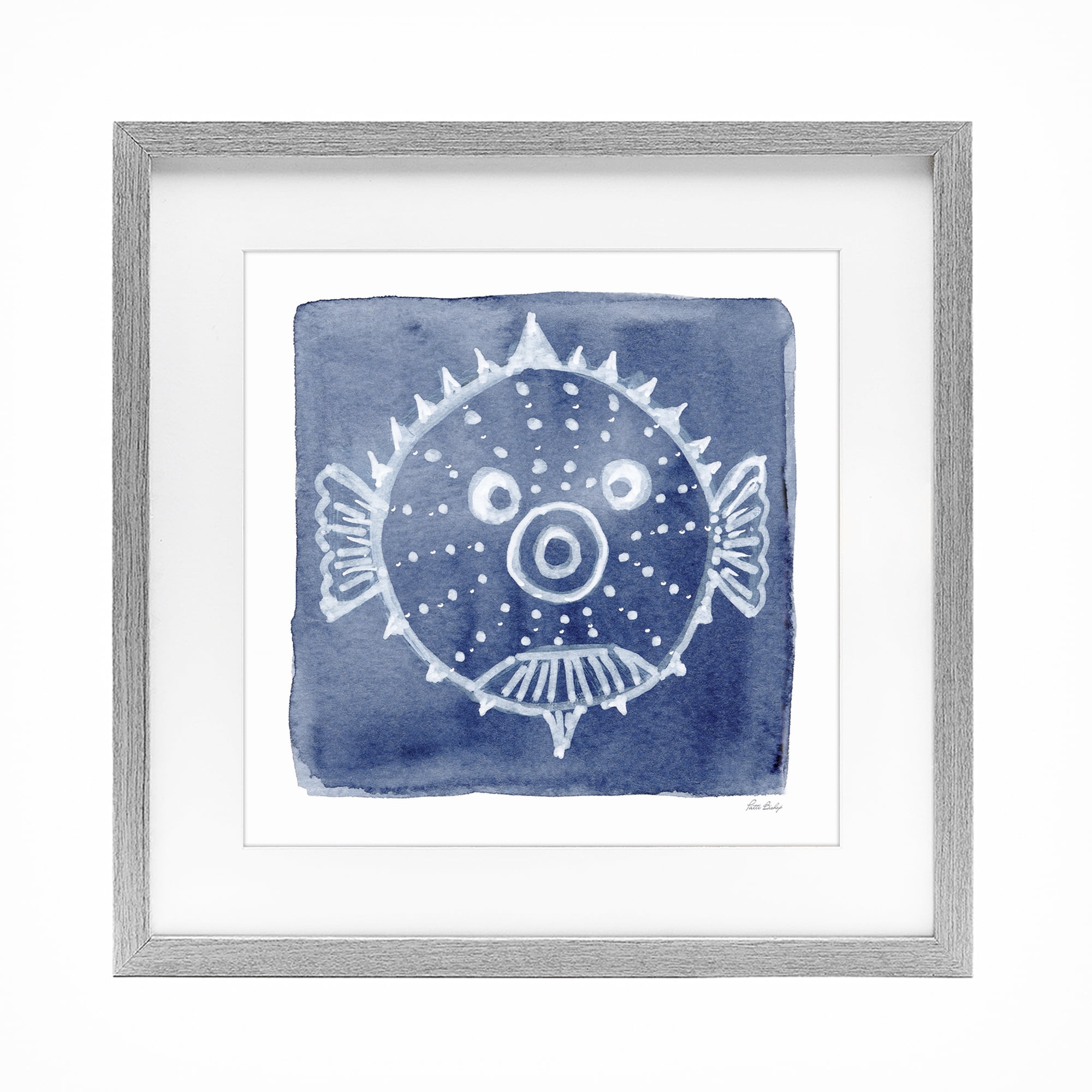 Stupell Industries White Blow Fish on Indigo Gray Framed Print Under Glass, design by Patti Bishop
